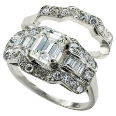 GIA Report Certified Emerald Cut Diamond Platinum Engagement Ring Set