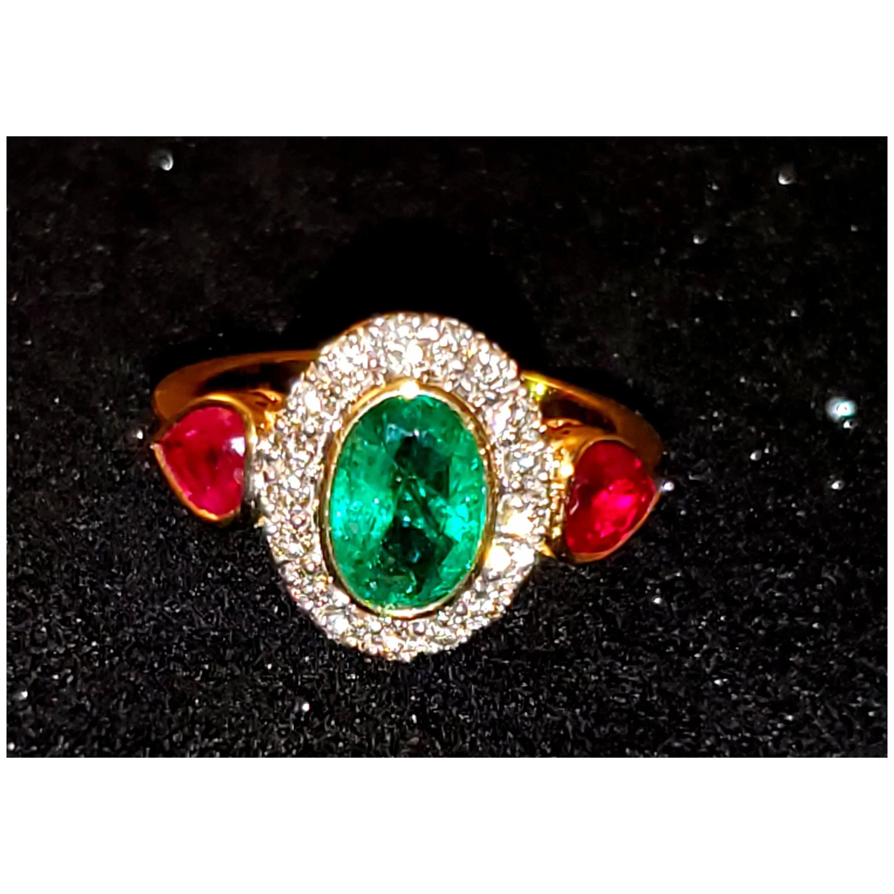 For Sale:  GIA Report Certified Emerald Ruby and Diamond Yellow Gold Engagement Ring 2