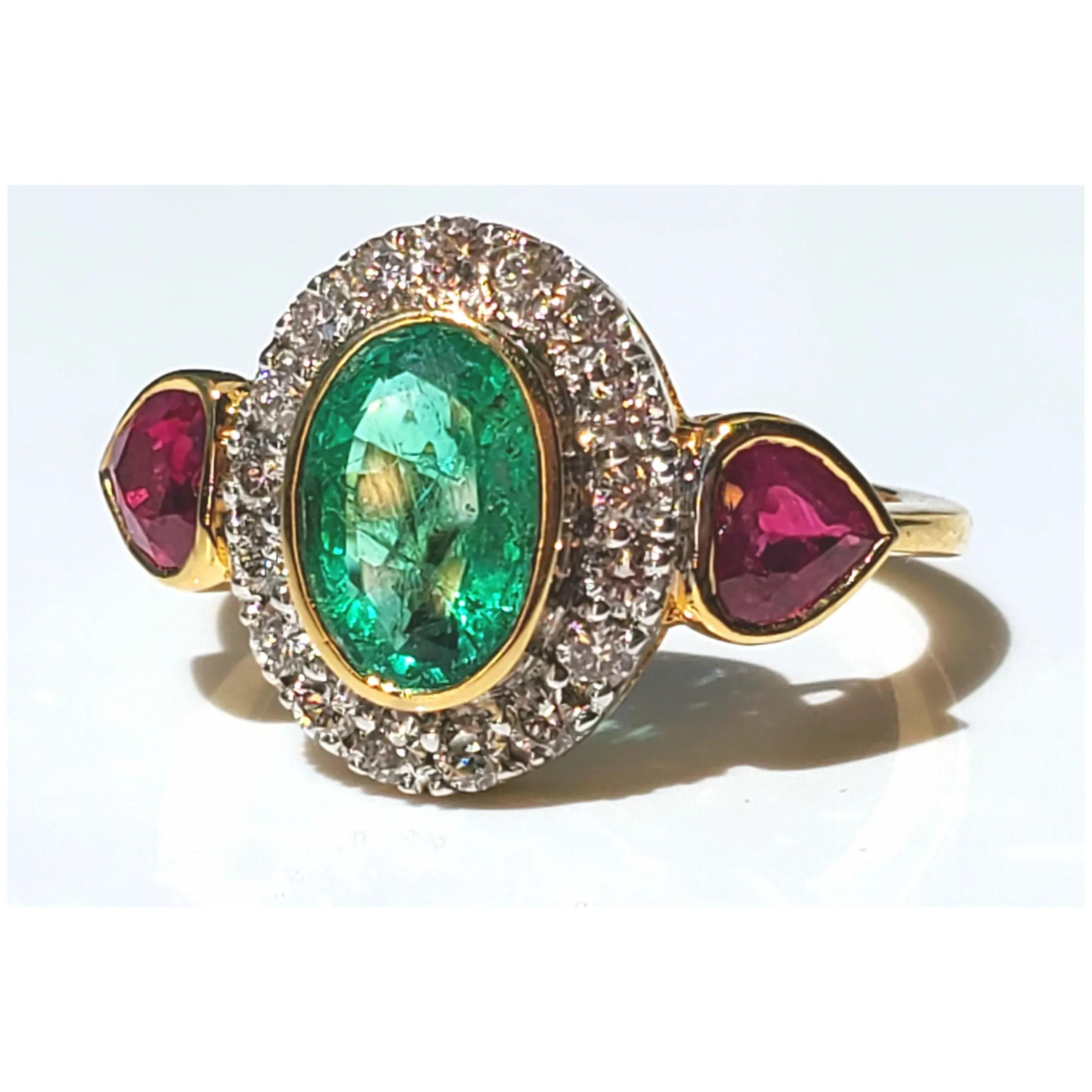 For Sale:  GIA Report Certified Emerald Ruby and Diamond Yellow Gold Engagement Ring 4