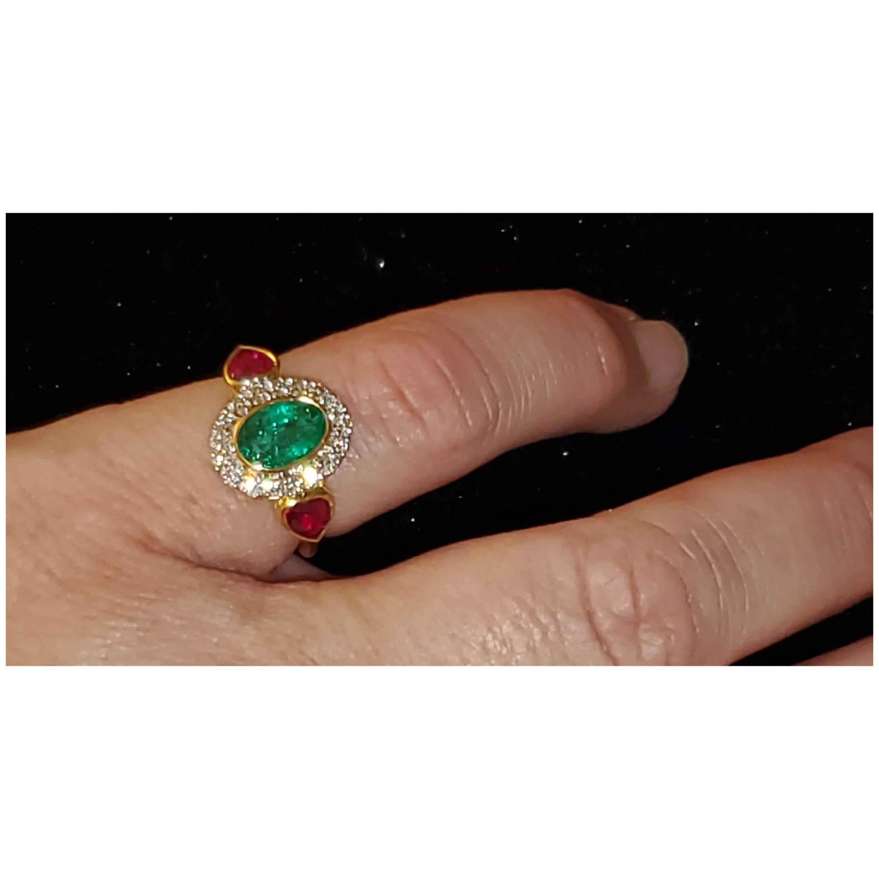 For Sale:  GIA Report Certified Emerald Ruby and Diamond Yellow Gold Engagement Ring 5