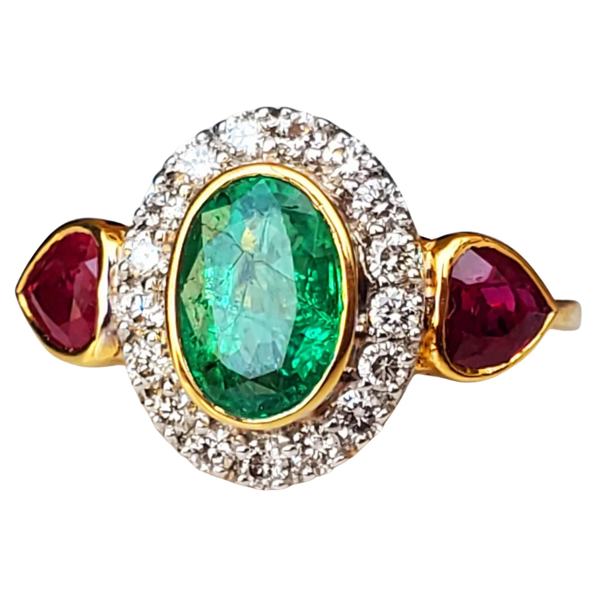 For Sale:  GIA Report Certified Emerald Ruby and Diamond Yellow Gold Engagement Ring