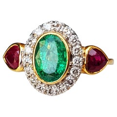 GIA Report Certified Emerald Ruby and Diamond Yellow Gold Engagement Ring
