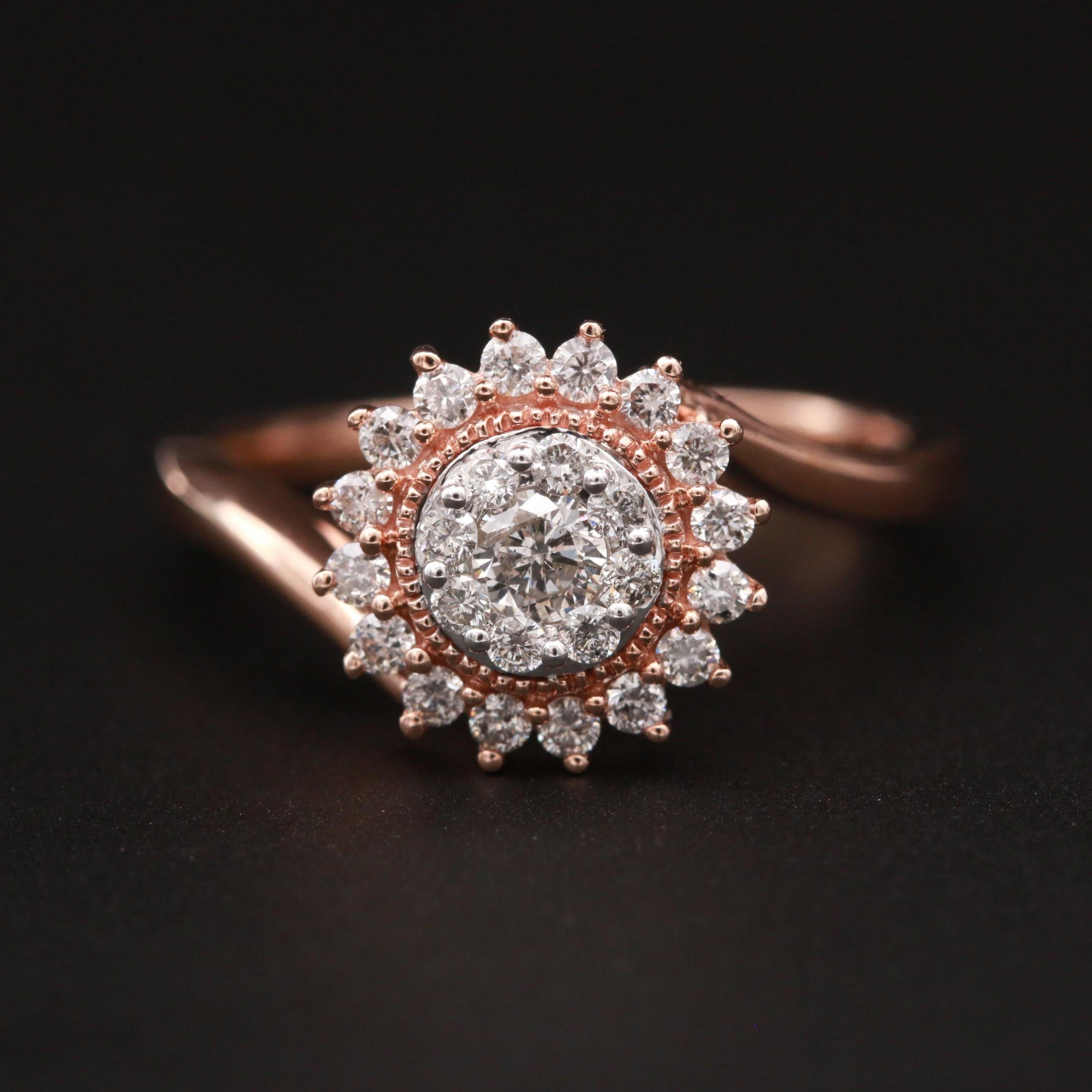 For Sale:  Certified Floral Halo Diamond Rose Gold Engagement Ring Bridal Ring Promise Ring 6