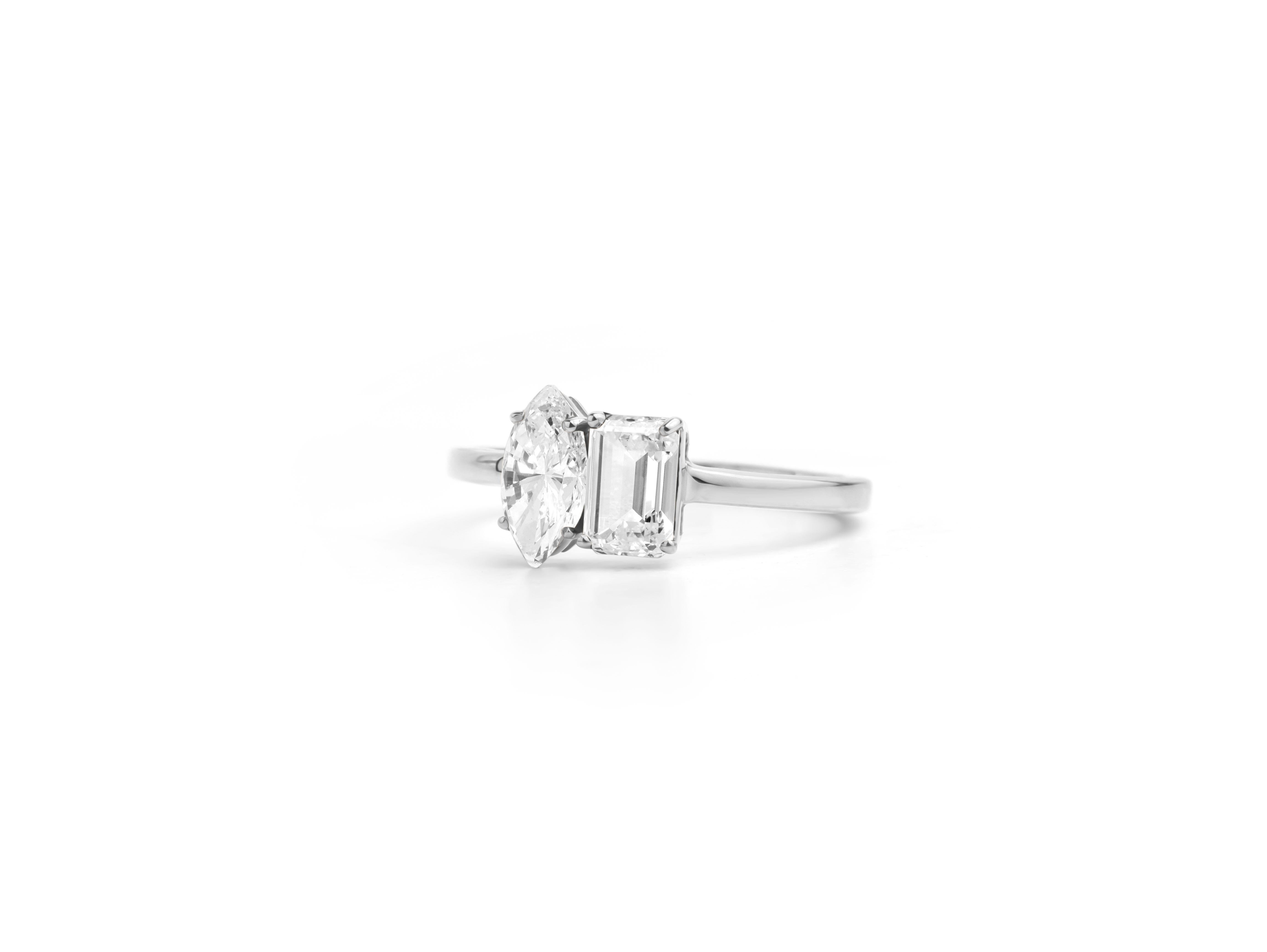 Art Deco GIA Report Certified Marquise Emerald Cut D IF Diamond Ring in 18k White Gold For Sale