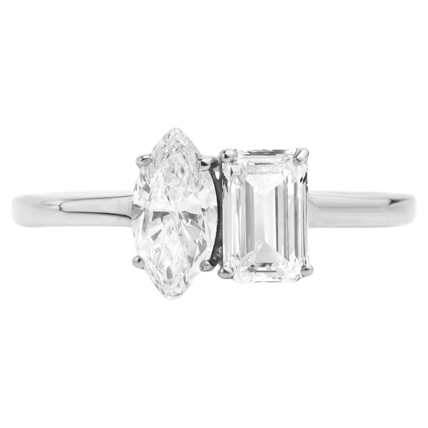 GIA Report Certified Marquise Emerald Cut D IF Diamond Ring in 18k White Gold For Sale
