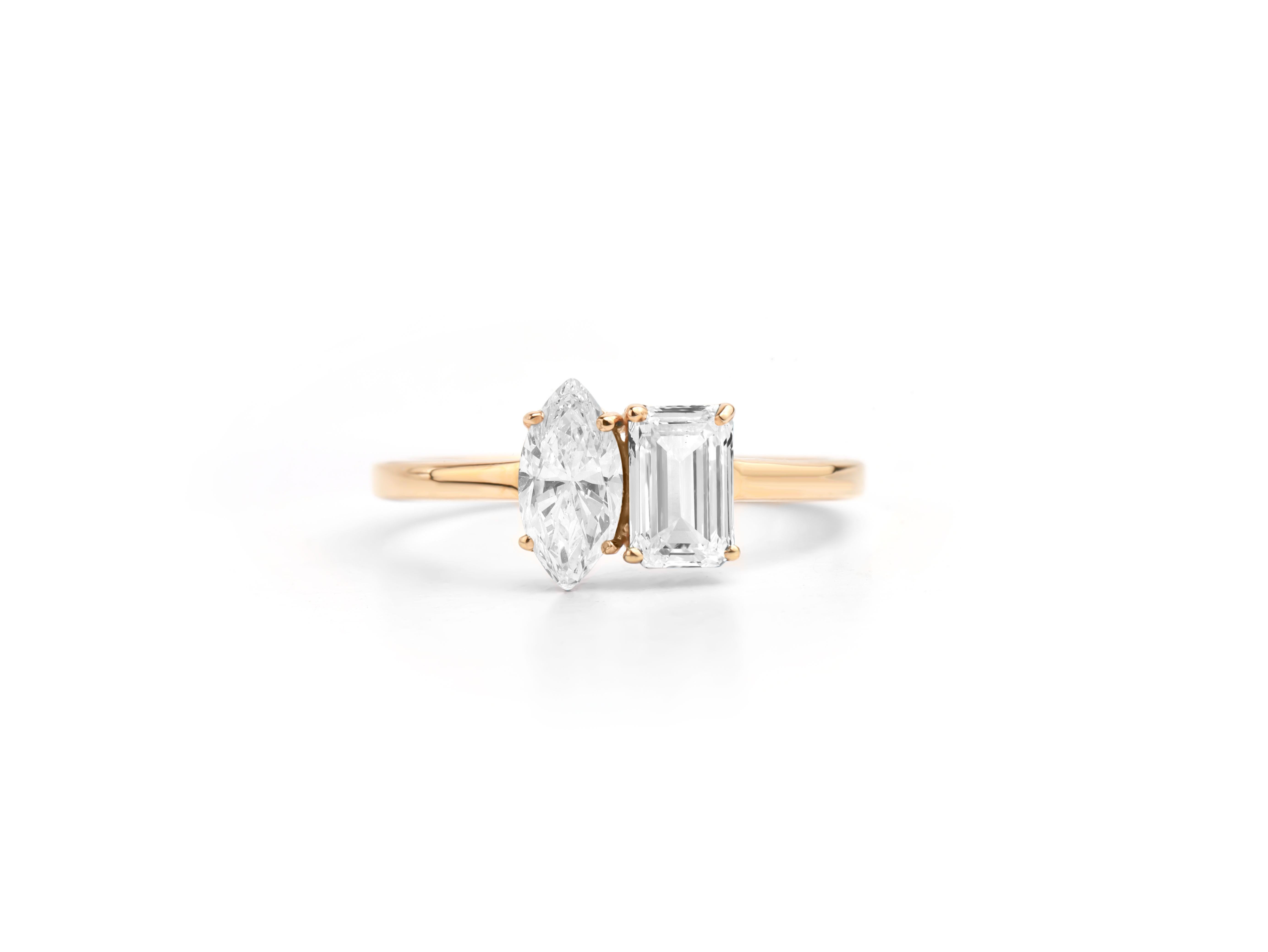 GIA Report Certified Marquise and Emerald Cut Diamond Ring in 18k Yellow Gold  

Available in 18k Yellow gold.

Same design can be made also with other custom gemstones per request.

Product details:

- Solid gold (18k Yellow)

- Main stone - GIA