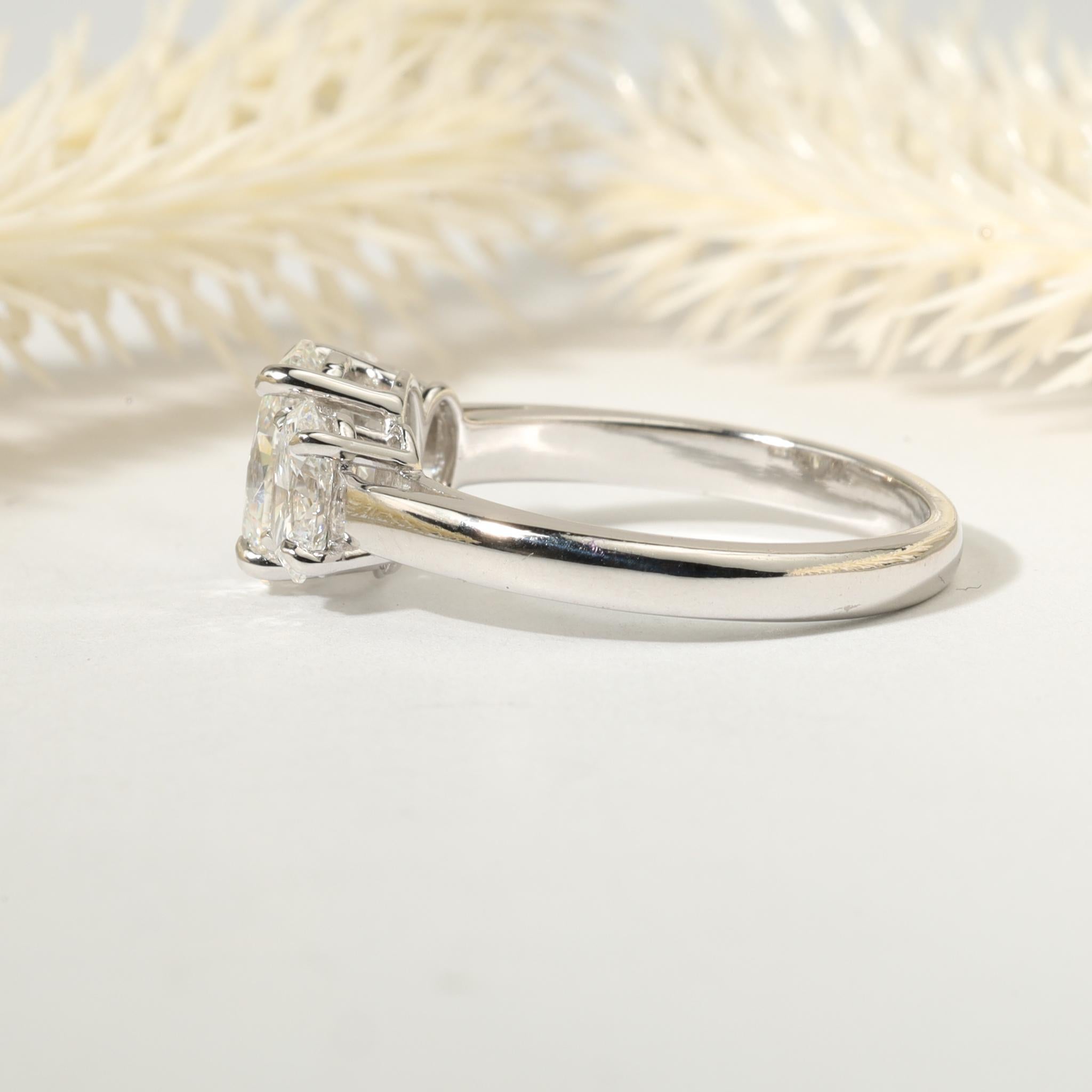 Art Deco GIA Report Certified Oval Cut E VS 3 Stone 1.7 Carat  Diamond Ring 950 Platinum For Sale