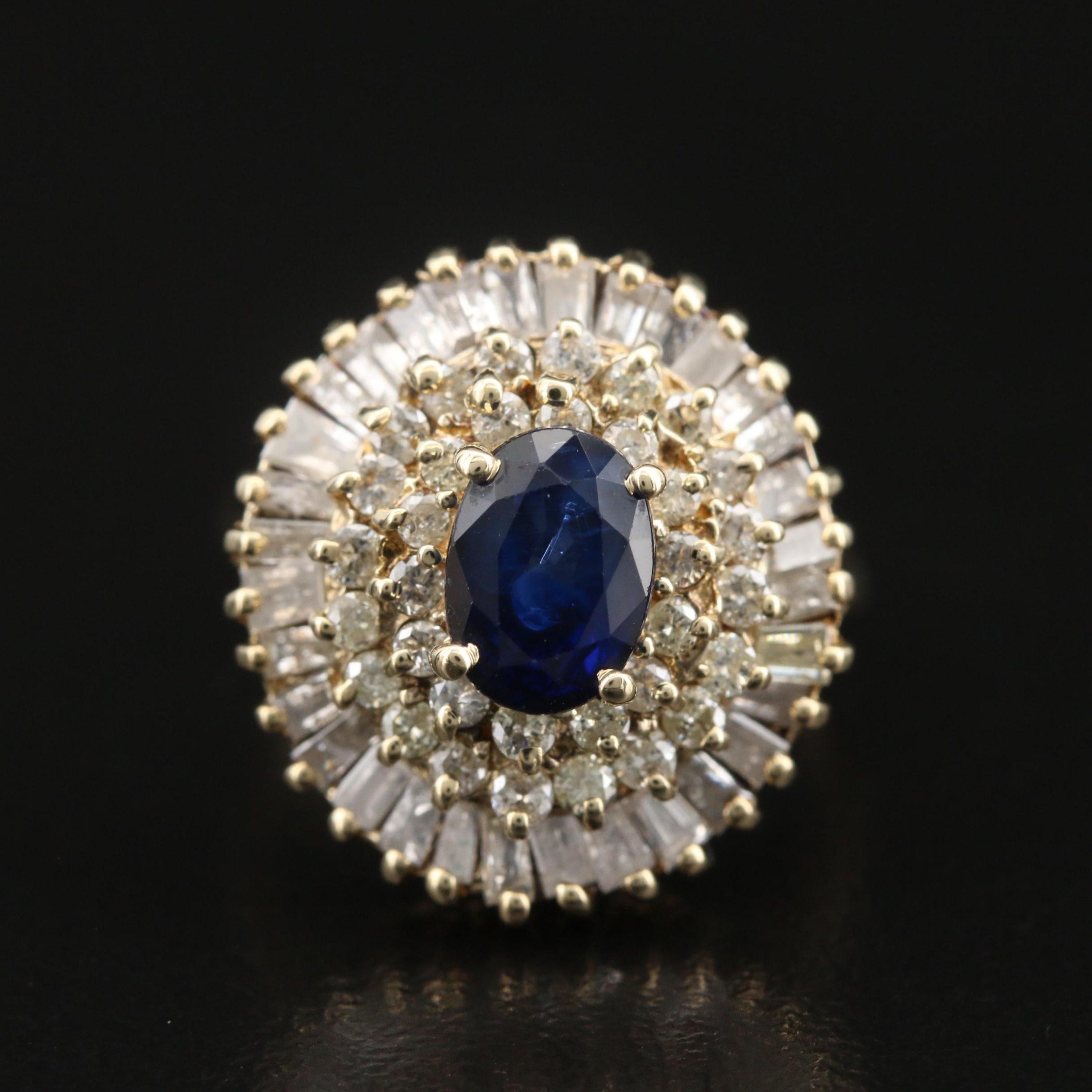 For Sale:  GIA Report Certified Sapphire and Diamond Yellow Gold Cocktail Ring Cluster Ring 6