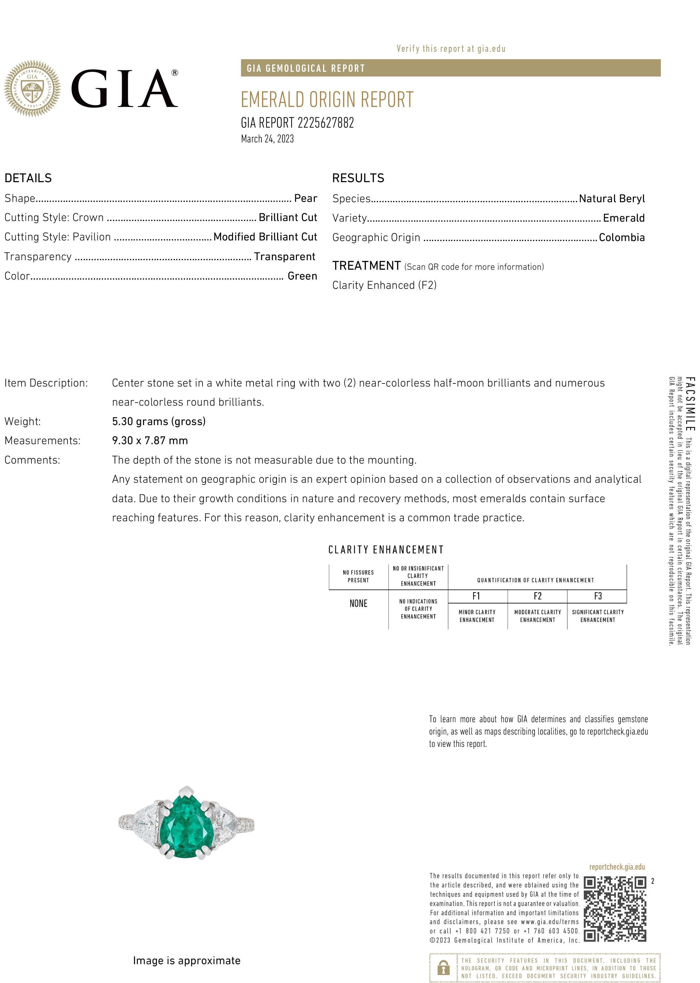 Introducing our exquisite GIA Certified Colombian Pear Emerald Ring, a true testament to timeless elegance and unparalleled beauty. This stunning piece features a magnificent 2.70-carat Colombian Pear Emerald as its centerpiece, radiating with the