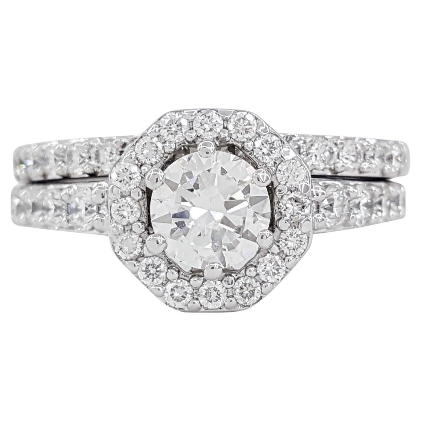 GIA Round Brilliant Cut Diamond Halo Engagement Ring Set 18 Carats White Gold