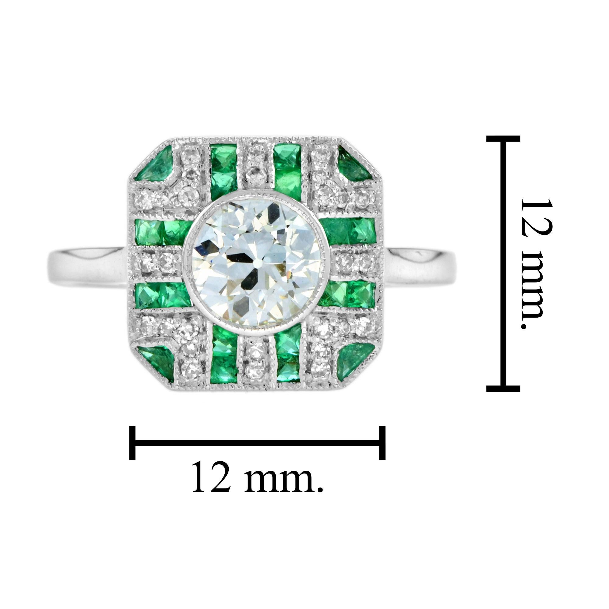 GIA Round Diamond & Green Emerald Art Deco Style Engagement 18K White Gold Ring en venta 4