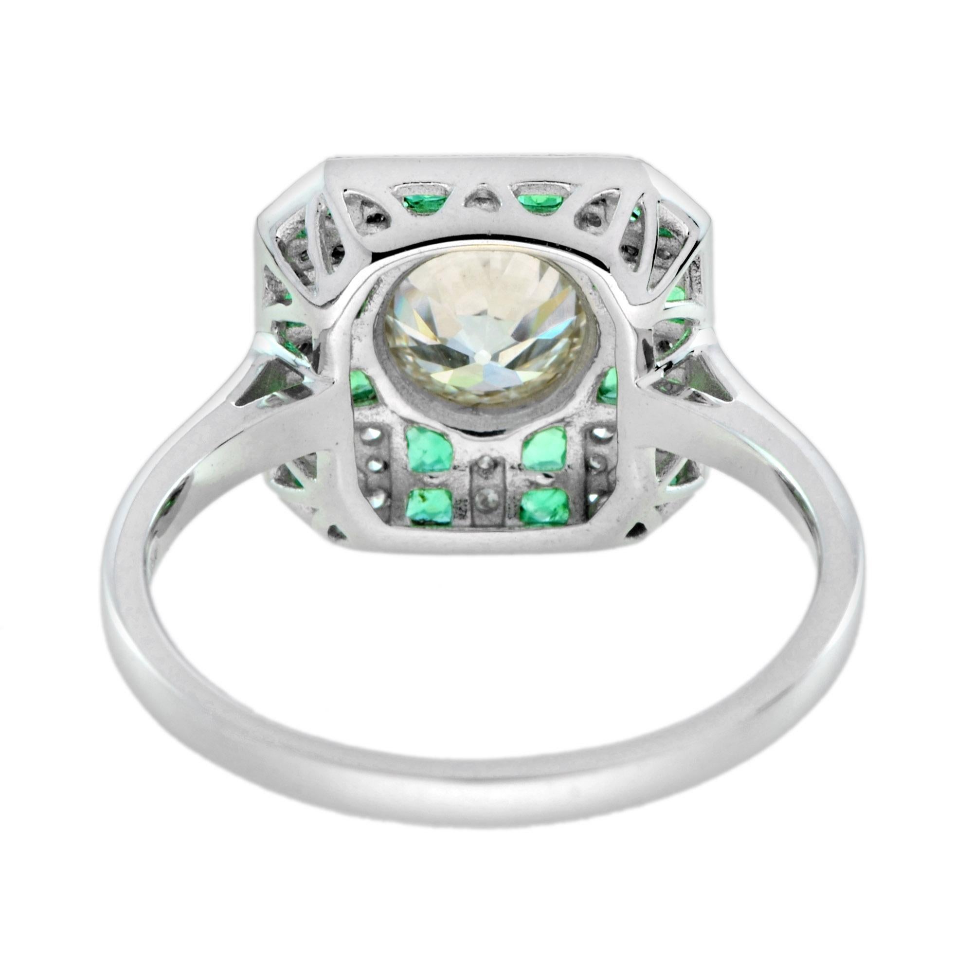 GIA Round Diamond & Green Emerald Art Deco Style Engagement 18K White Gold Ring Art Decó en venta