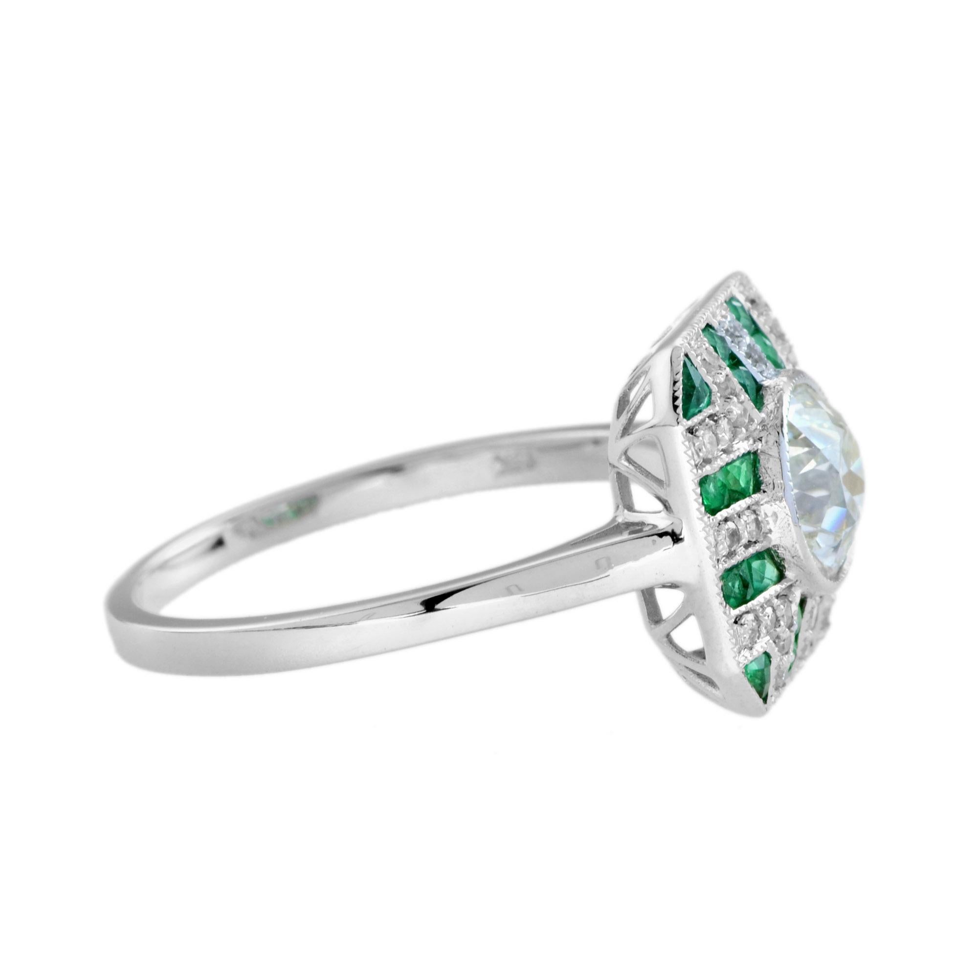 GIA Round Diamond & Green Emerald Art Deco Style Engagement 18K White Gold Ring Corte redondo en venta