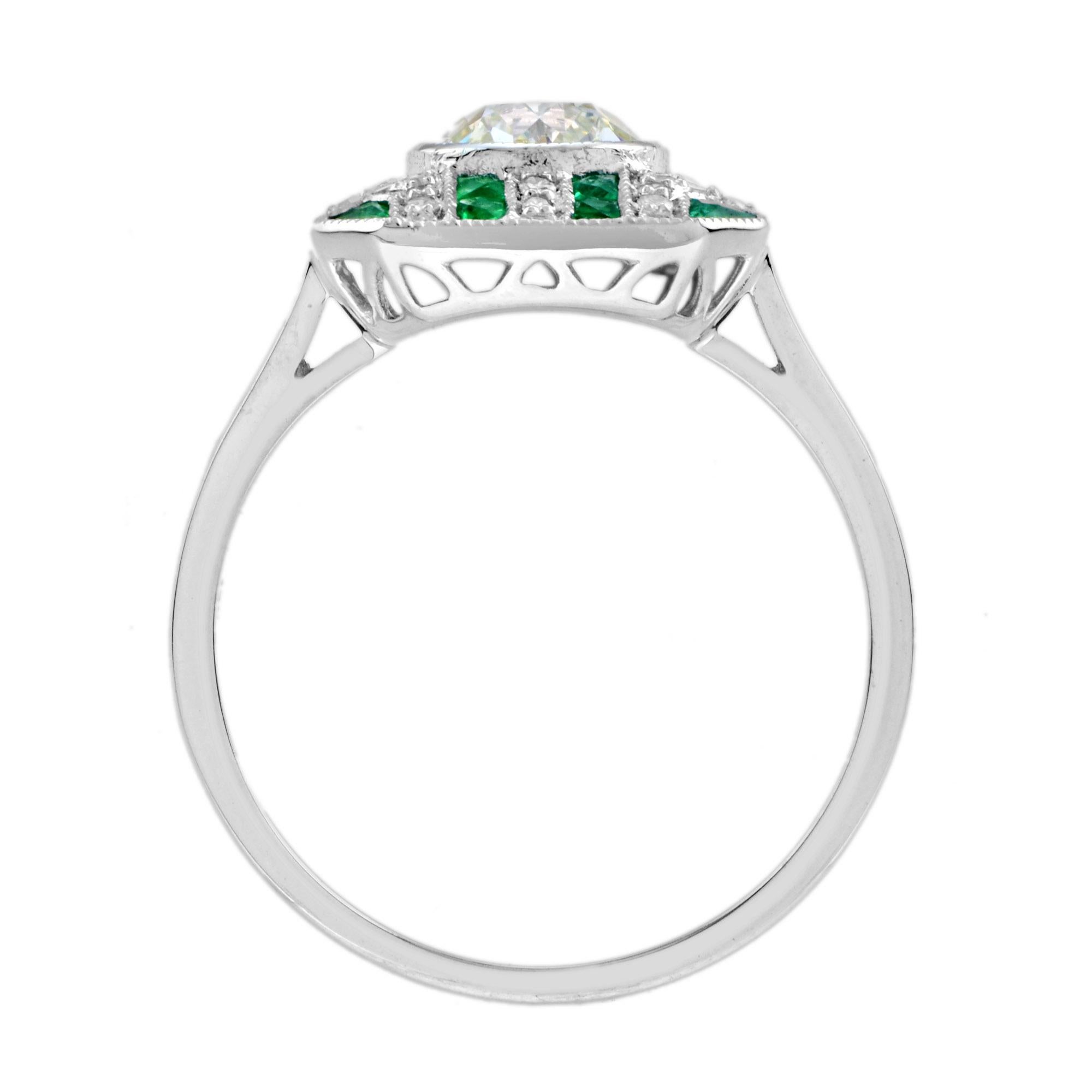 GIA Round Diamond & Green Emerald Art Deco Style Engagement 18K White Gold Ring en Nuevo estado para la venta en Oakton, VA