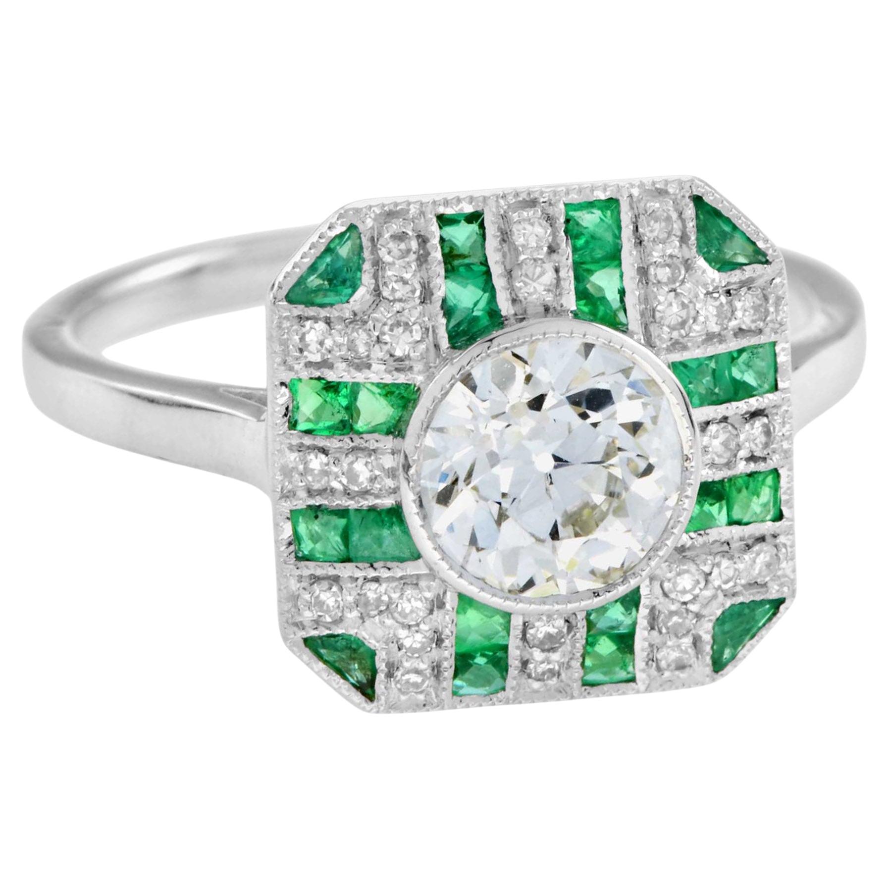 GIA Round Diamond & Green Emerald Art Deco Style Engagement 18K White Gold Ring