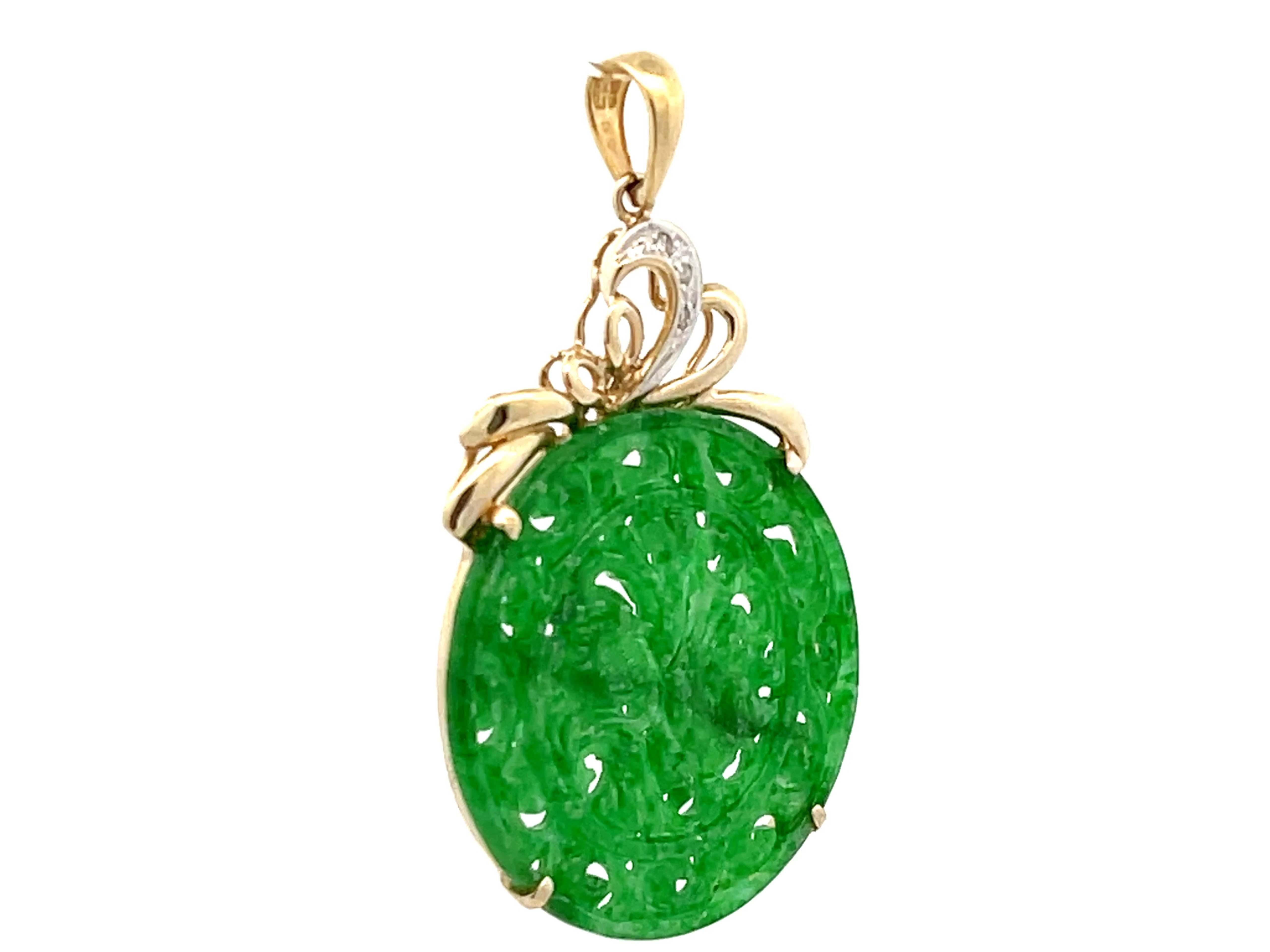 Modern GIA Round Jadeite Jade Pierced Carved Diamond Pendant 14k Yellow Gold For Sale