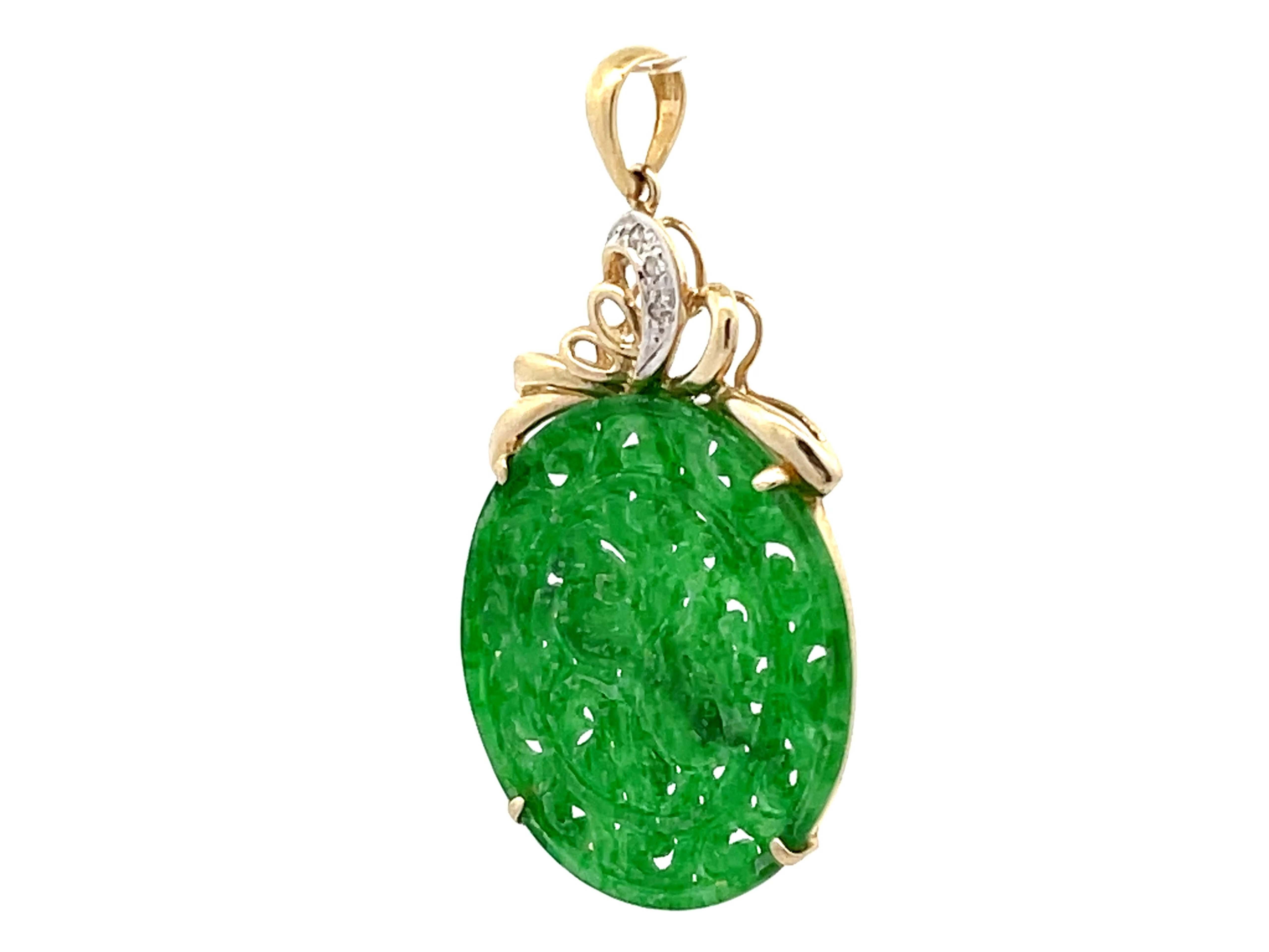 Mixed Cut GIA Round Jadeite Jade Pierced Carved Diamond Pendant 14k Yellow Gold For Sale
