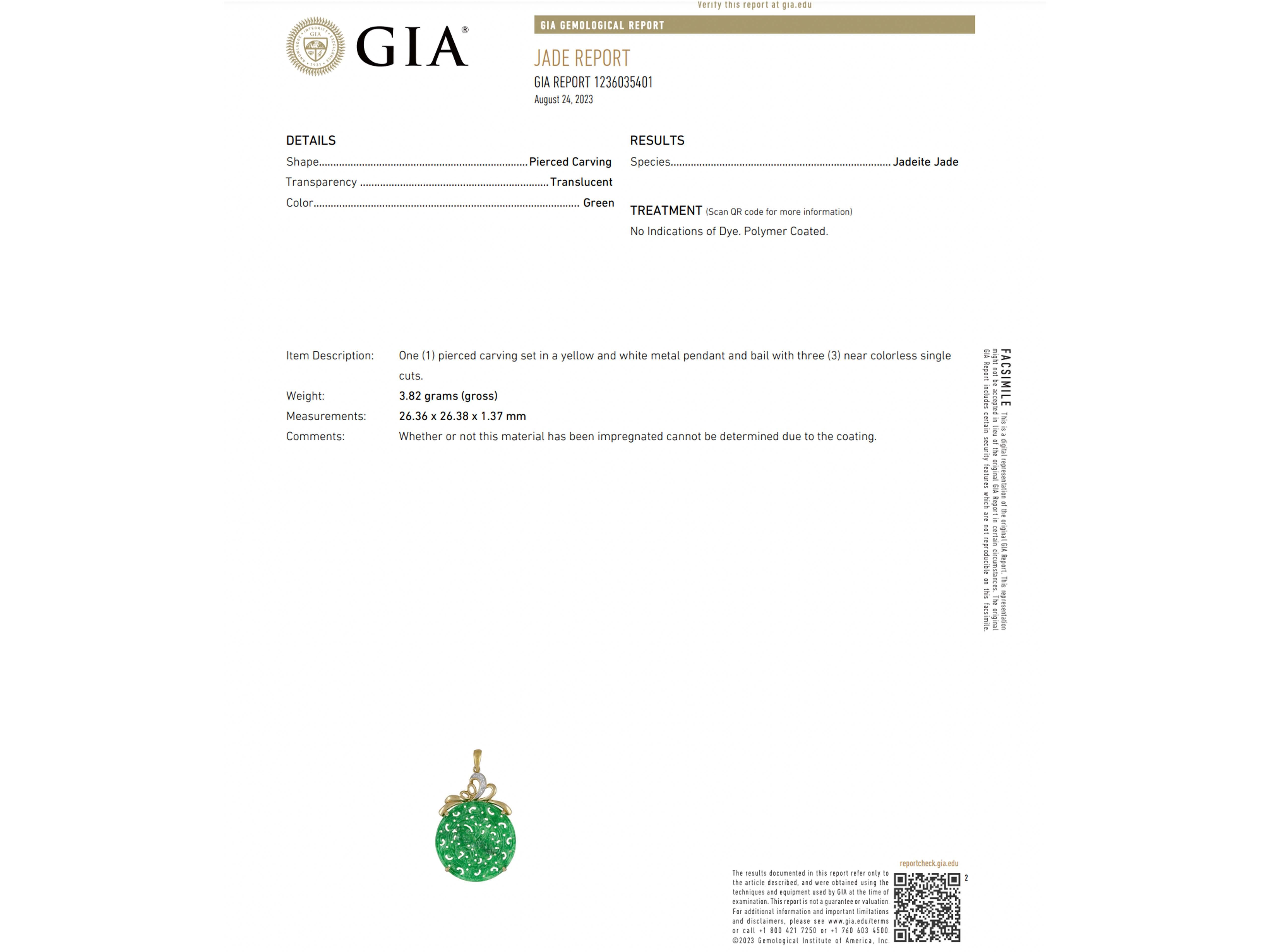 GIA Round Jadeite Jade Pierced Carved Diamond Pendant 14k Yellow Gold For Sale 2