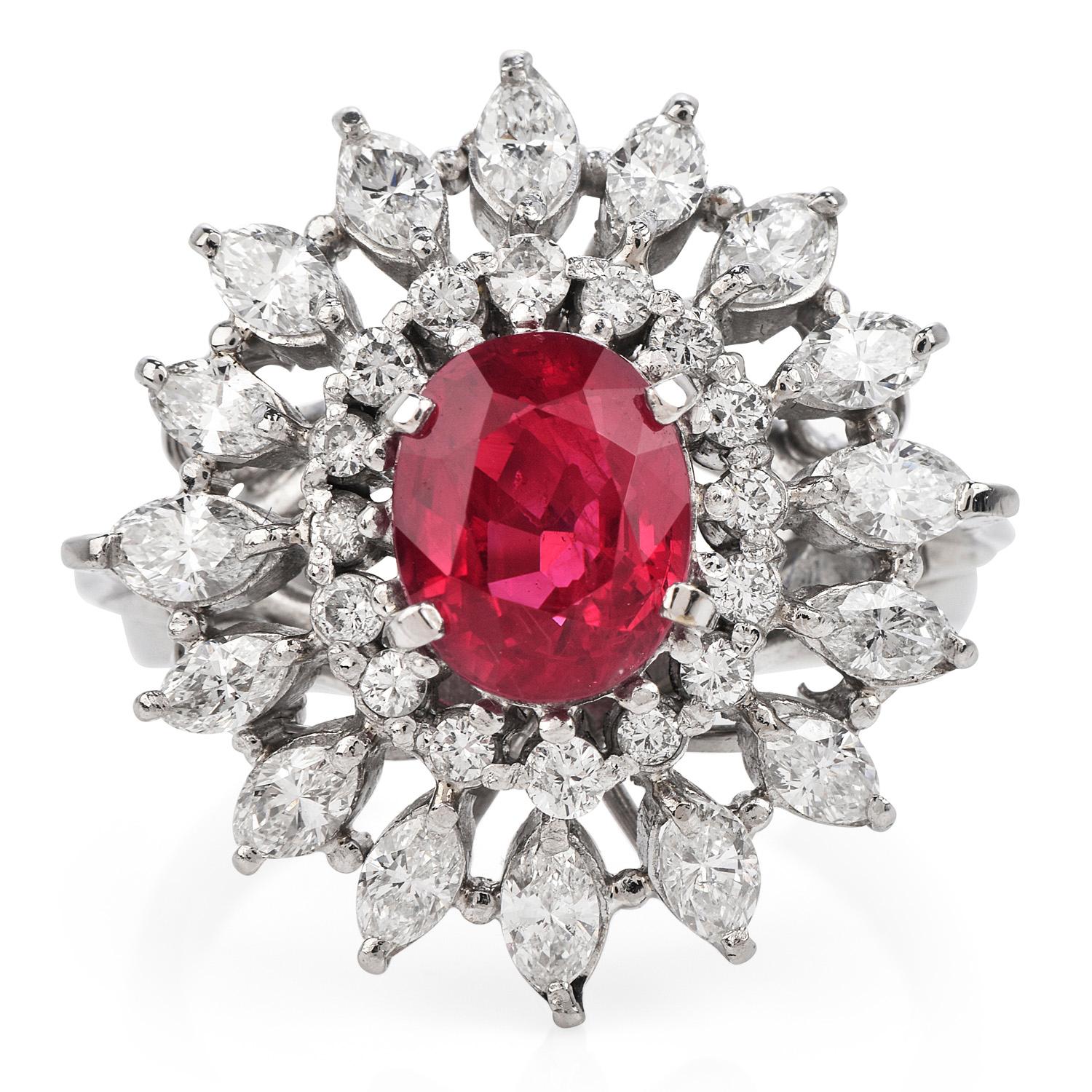 Retro-inspired Starburst Cocktail Ring is Stunning

Features GIA Genuine Ruby and Diamonds expertly crafted in solid Platinum and an approximate total weight of 10.89 grams.

The exquisite center stone is an oval brilliant-cut Natural Corundum Ruby