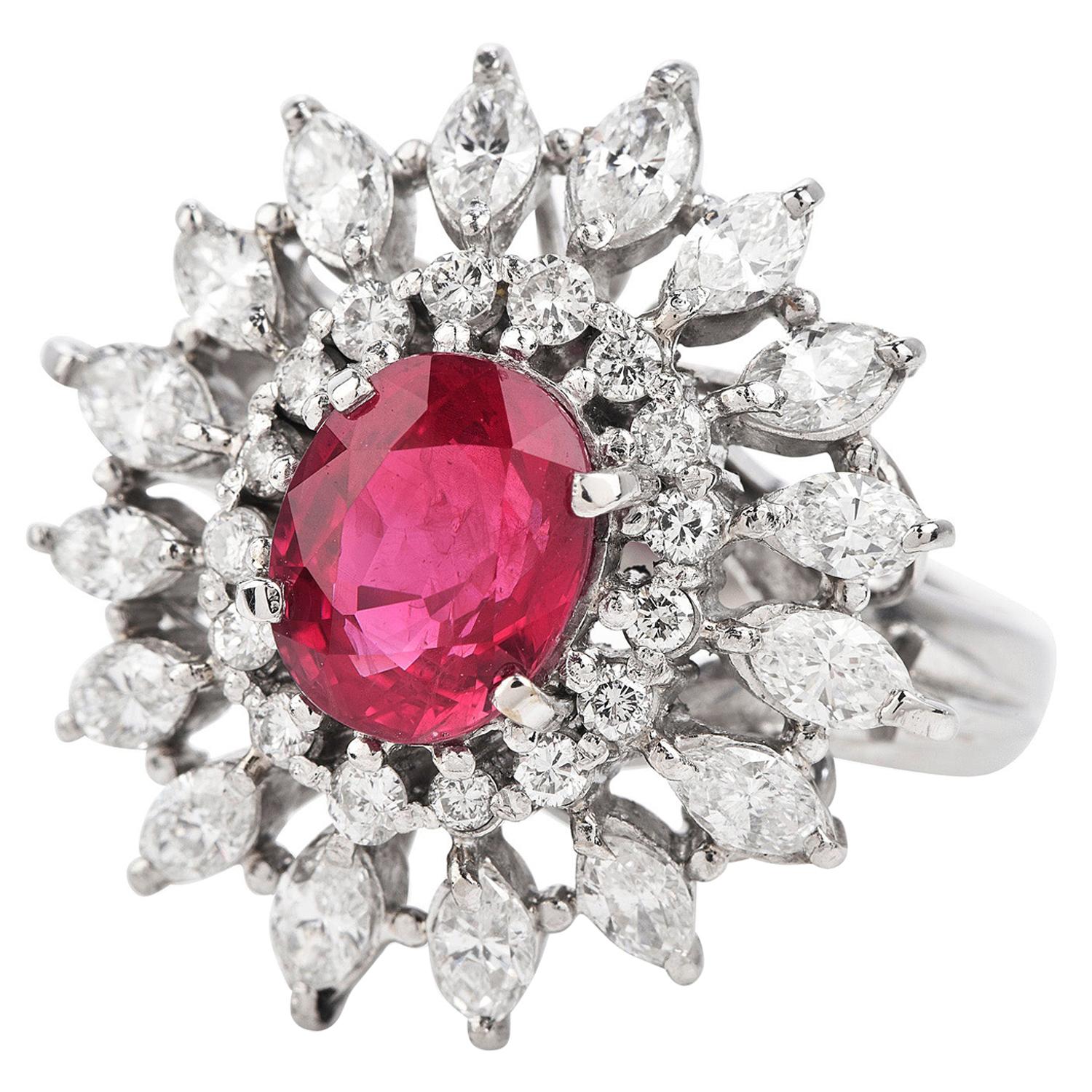 Retro-inspired Starburst Cocktail Ring is Stunning

Features GIA Genuine Ruby and Diamonds expertly crafted in solid Platinum and an approximate total weight of 10.89 grams.

The exquisite center stone is an oval brilliant-cut Natural Corundum Ruby