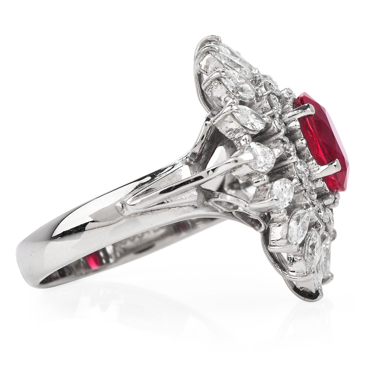 Oval Cut GIA Ruby 3.65ct Diamond Platinum Floral Cocktail Ring