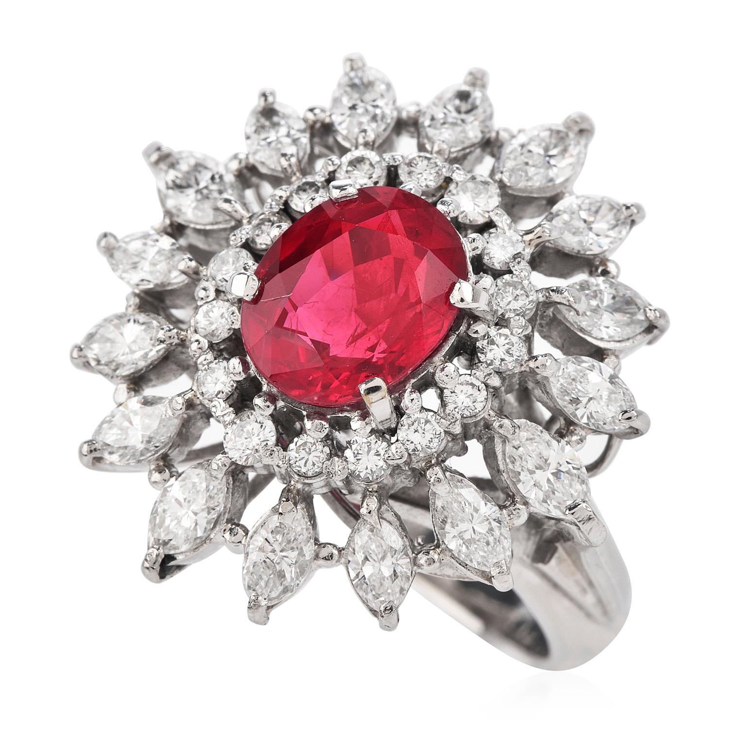 GIA Ruby 3.65ct Diamond Platinum Floral Cocktail Ring 1