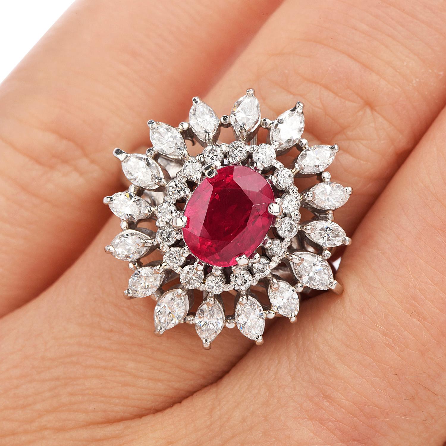 GIA Ruby 3.65ct Diamond Platinum Floral Cocktail Ring 2