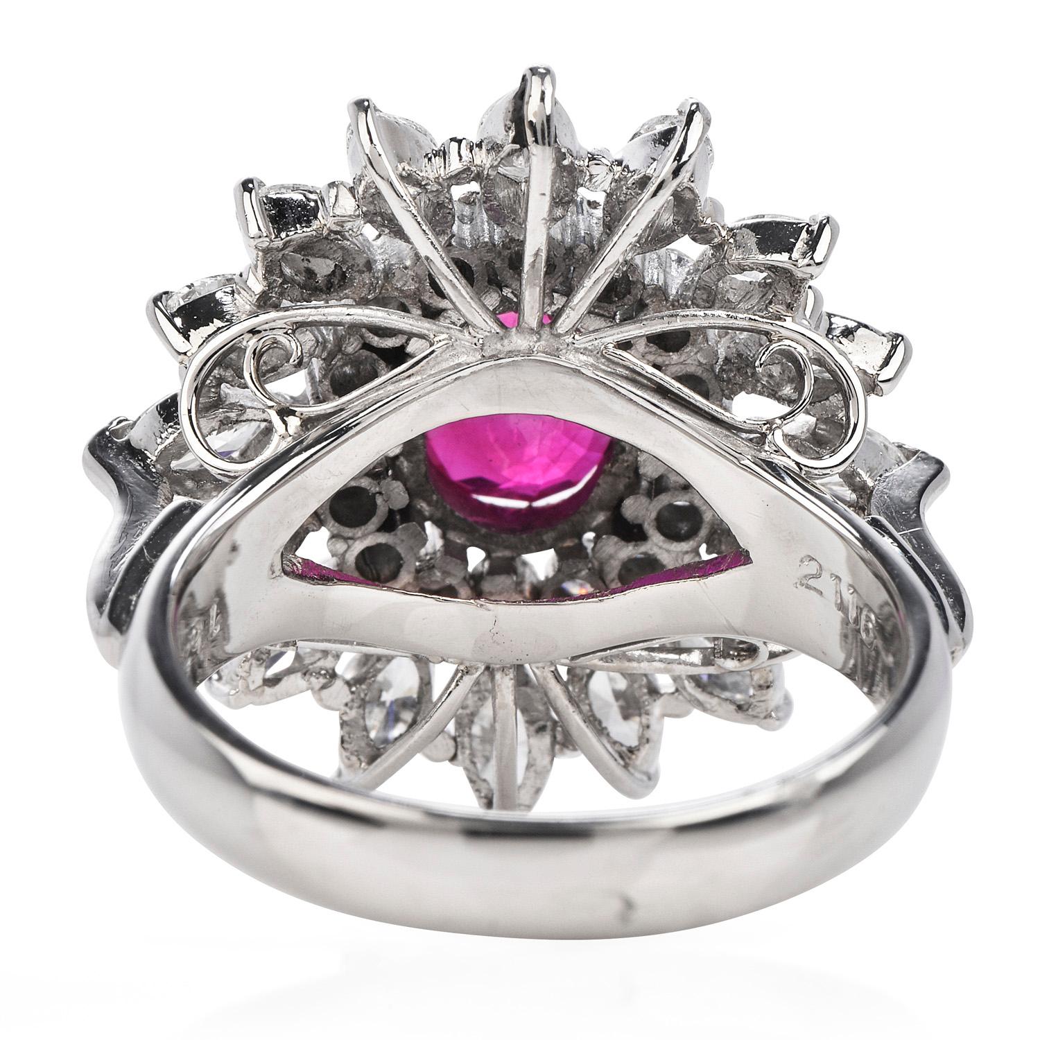 GIA Rubin 3,65 Karat Diamant Platin Cocktail-Ring mit Blumenmuster im Angebot 1