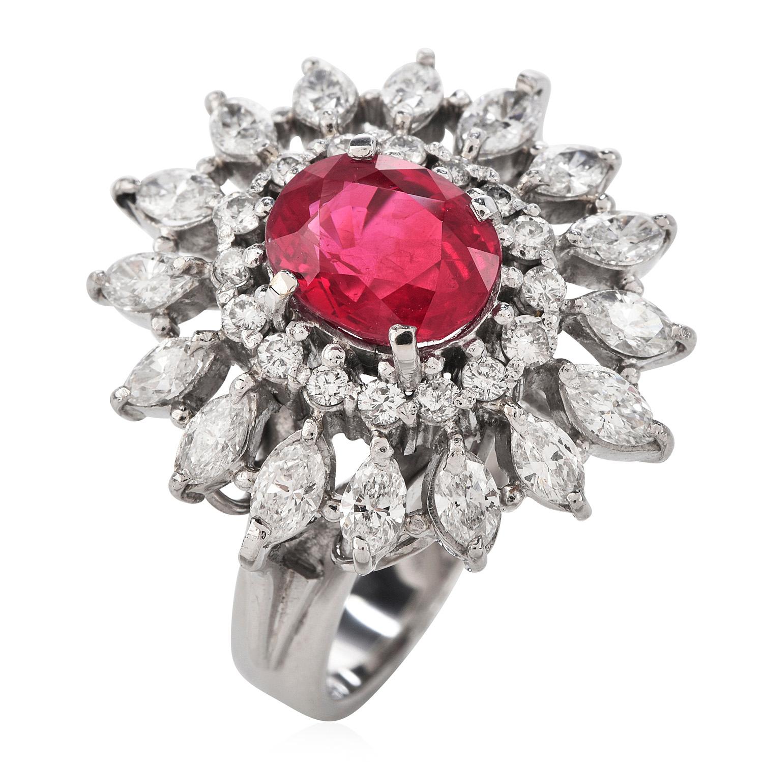 GIA Ruby 3.65ct Diamond Platinum Floral Cocktail Ring For Sale 2