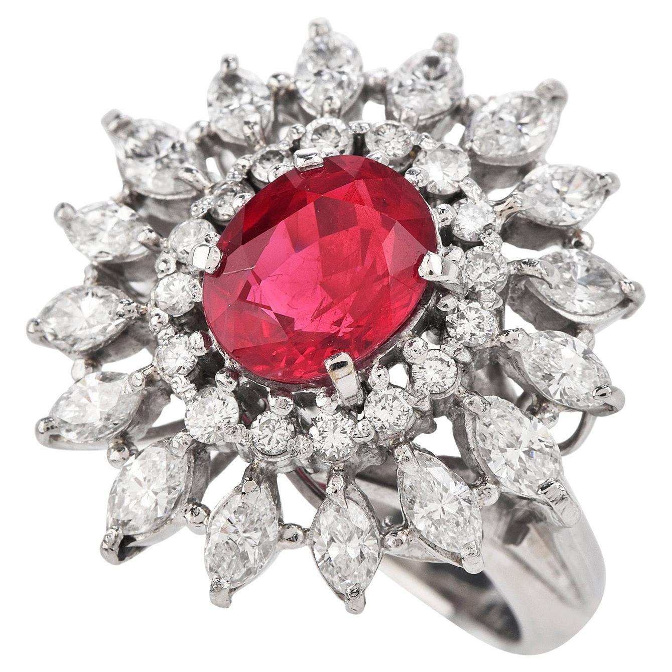 Bague de cocktail florale en platine avec rubis GIA de 3,65 ct de diamant