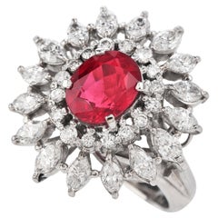 Retro GIA Ruby 3.65ct Diamond Platinum Floral Cocktail Ring