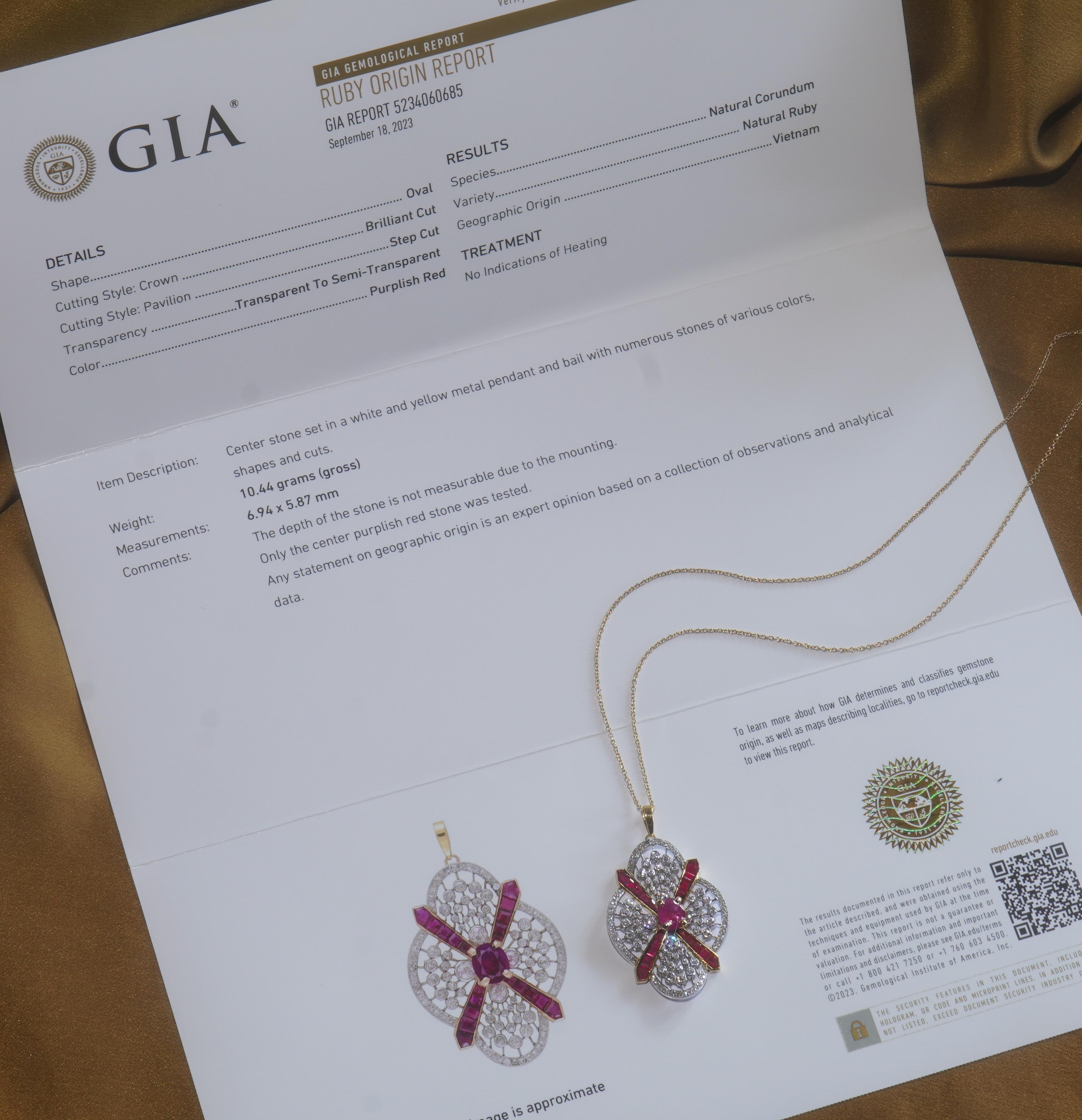 GIA Ruby Diamond Platinum 18K Antique Certified No Heat Huge Pendant 4.63 Carats For Sale 1