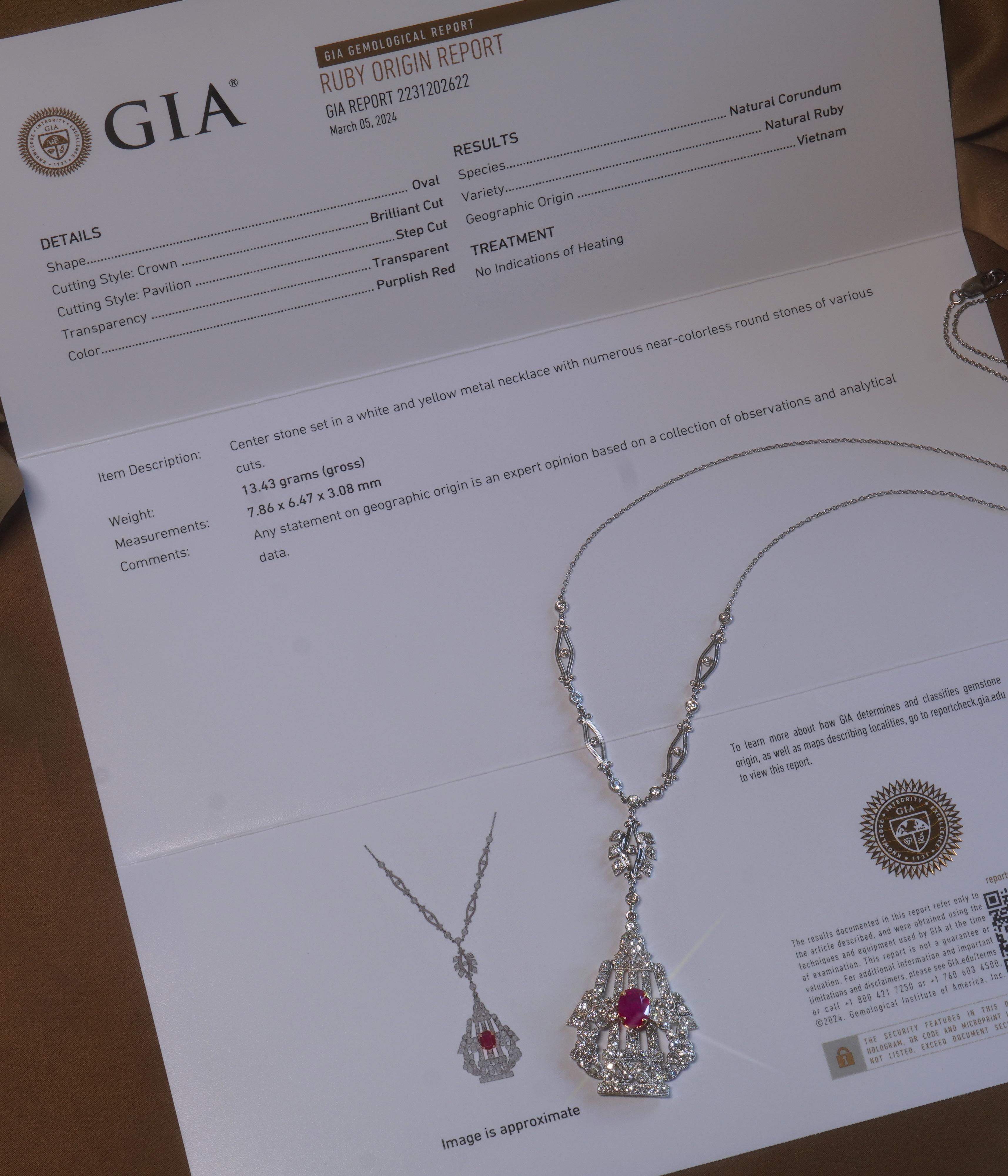 Old South Jewels proudly presents GIA CERTIFIED PLATINUM NO HEAT RUBY DIAMOND 5.04 CARAT ANTIQUE NECKLACE & BOX!  Finest Untreated Ruby Crowned With 3.82 Carats of Sparkling Old Mine Diamonds.  Authentic Antique Over 150 Years Old. 

Heavy Solid