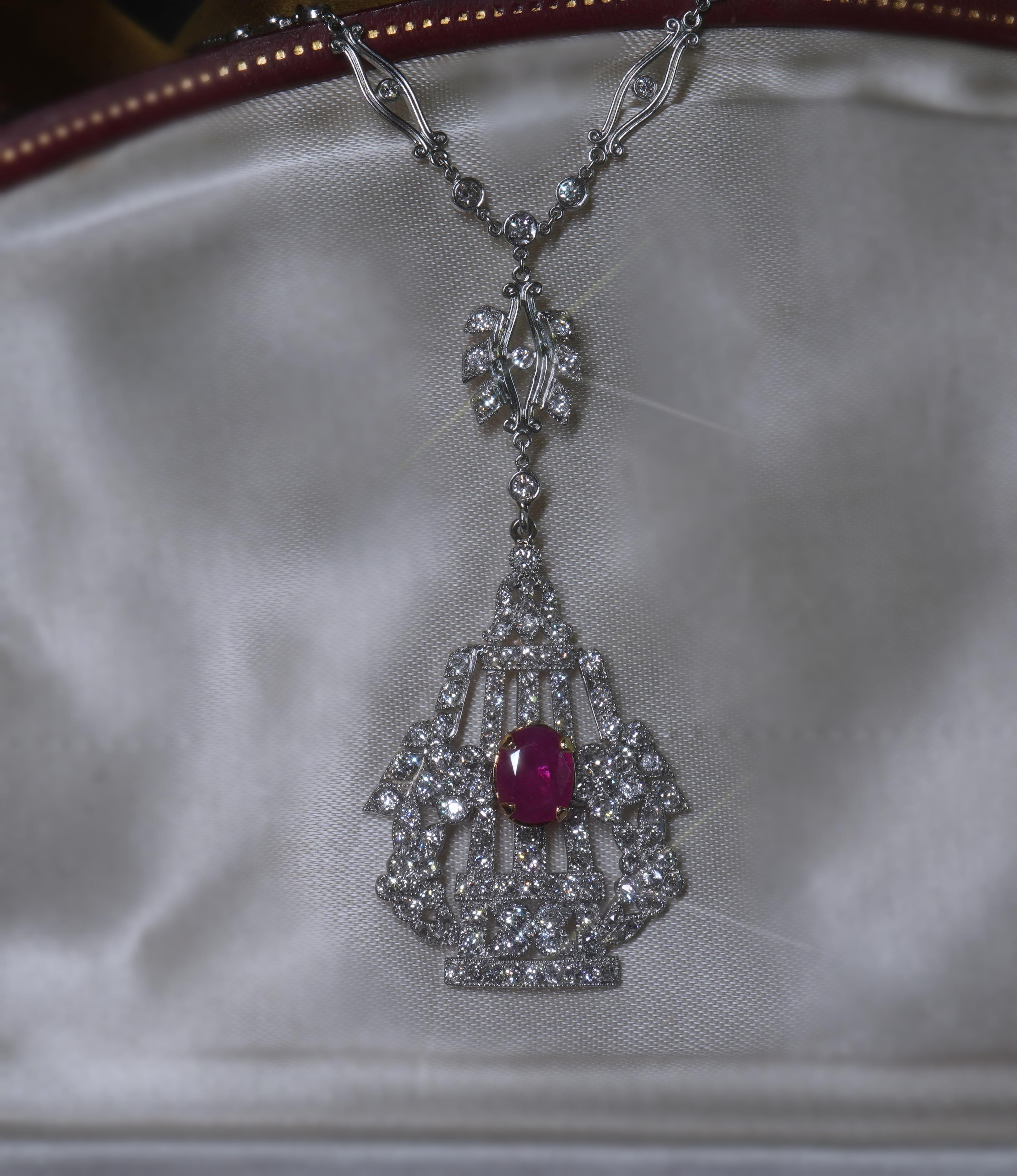 Oval Cut GIA Ruby No Heat Platinum Diamond Necklace 18K Antique Pendant Old Mine 5.04 CTS