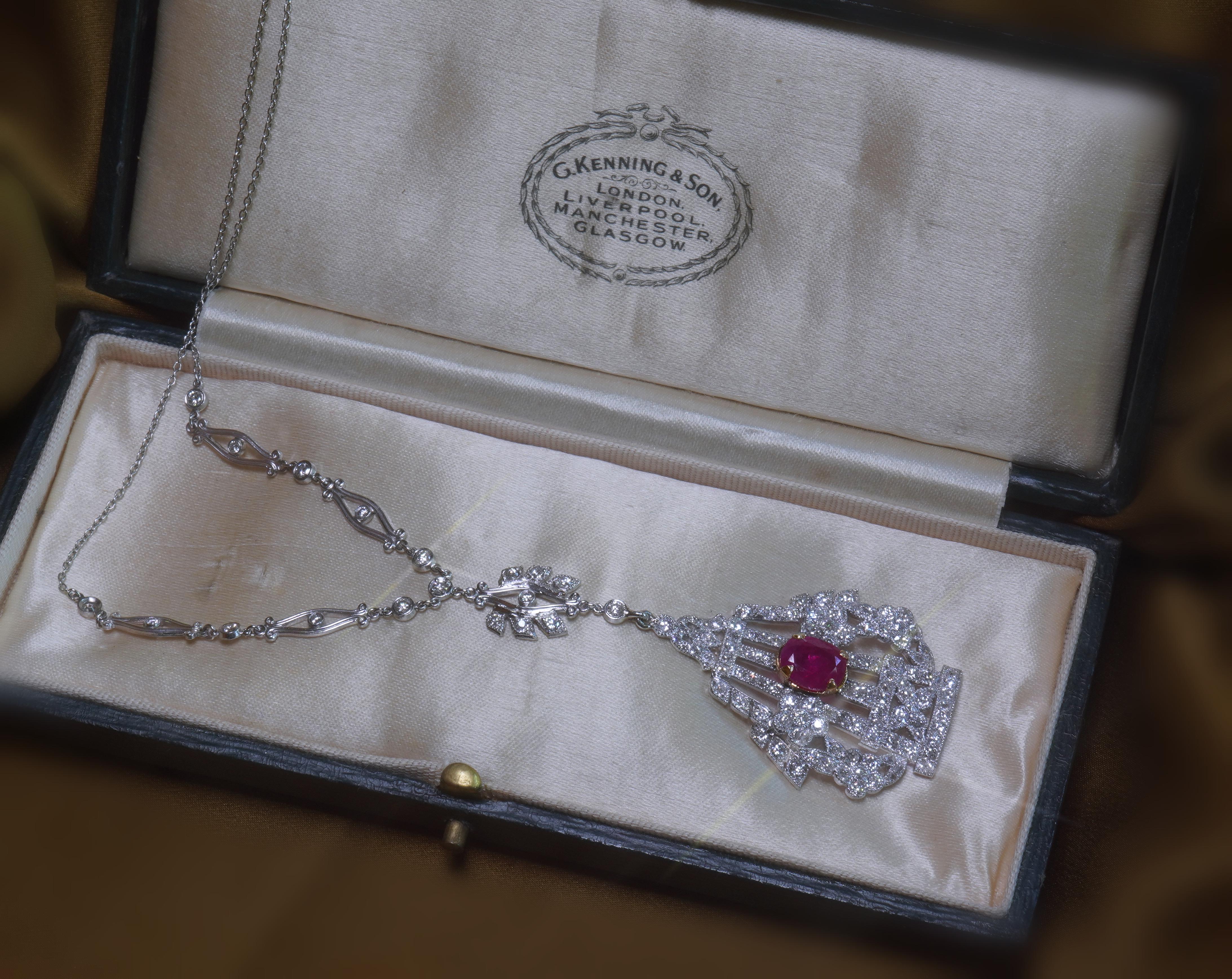 Women's GIA Ruby No Heat Platinum Diamond Necklace 18K Antique Pendant Old Mine 5.04 CTS