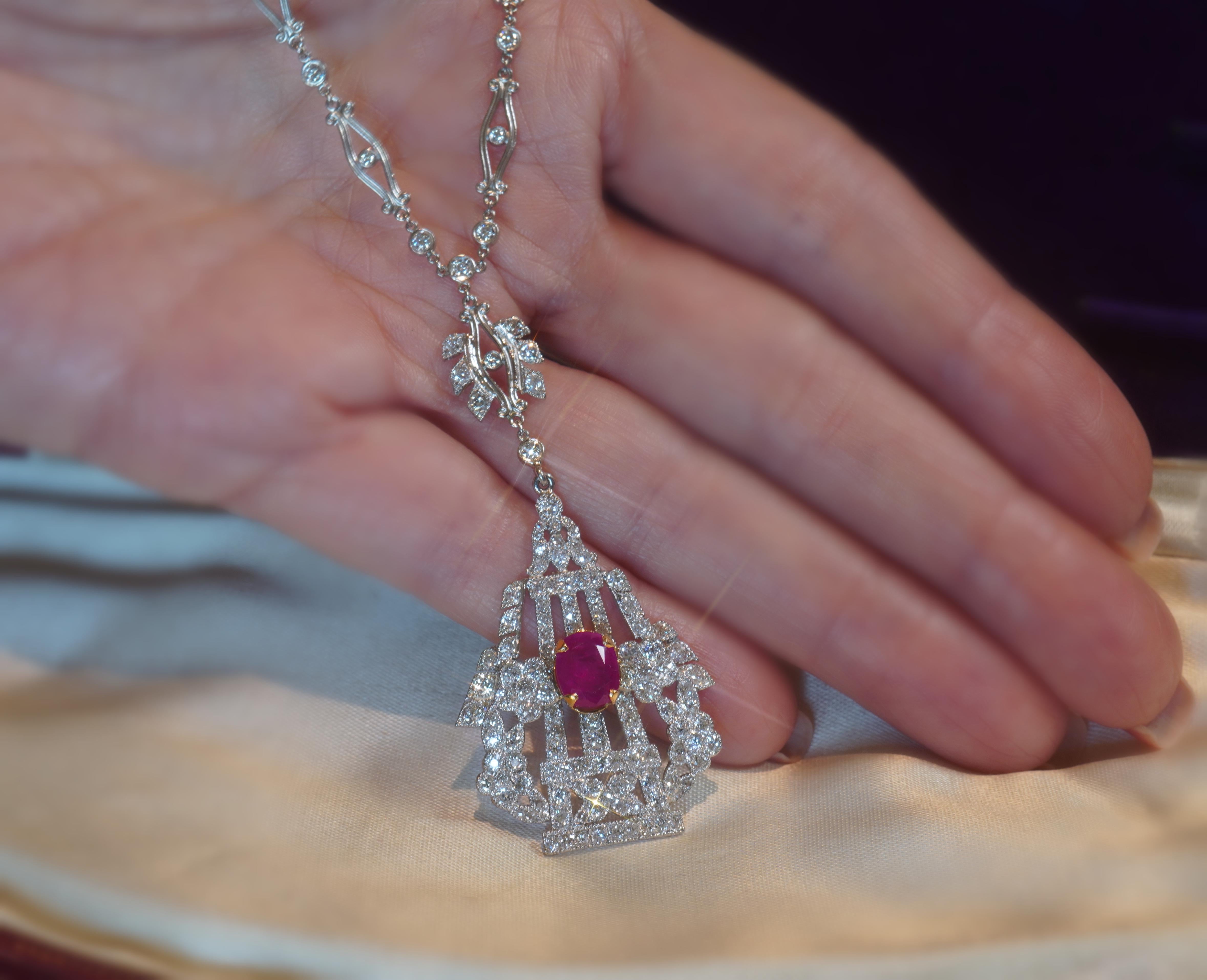 GIA Ruby No Heat Platinum Diamond Necklace 18K Antique Pendant Old Mine 5.04 CTS 1