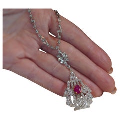 GIA Ruby No Heat Platinum Diamond Necklace 18K Antique Pendant Old Mine 5.04 CTS