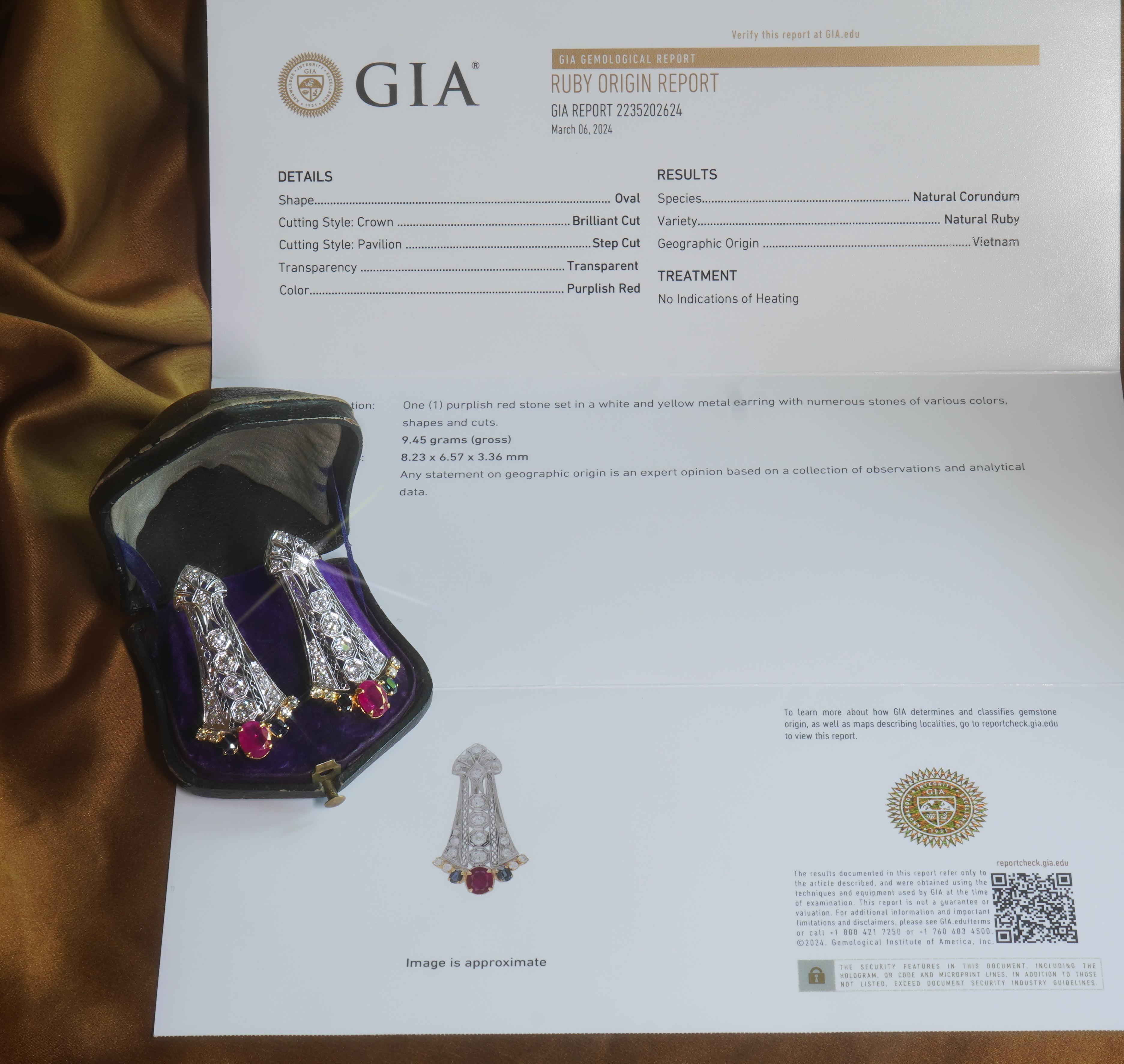 Old South Jewels proudly presents GIA CERTIFIED ANTIQUE PLATINUM NO HEAT RUBY, SAPPHIRE, & DIAMOND 7.78 CARAT EARRINGS FROM THE 1800s!   Fine 2.84 Carats Rich Red Rubies Crowned With Natural Royal Blue Sapphires and 4.06 Carats of Sparkling Antique