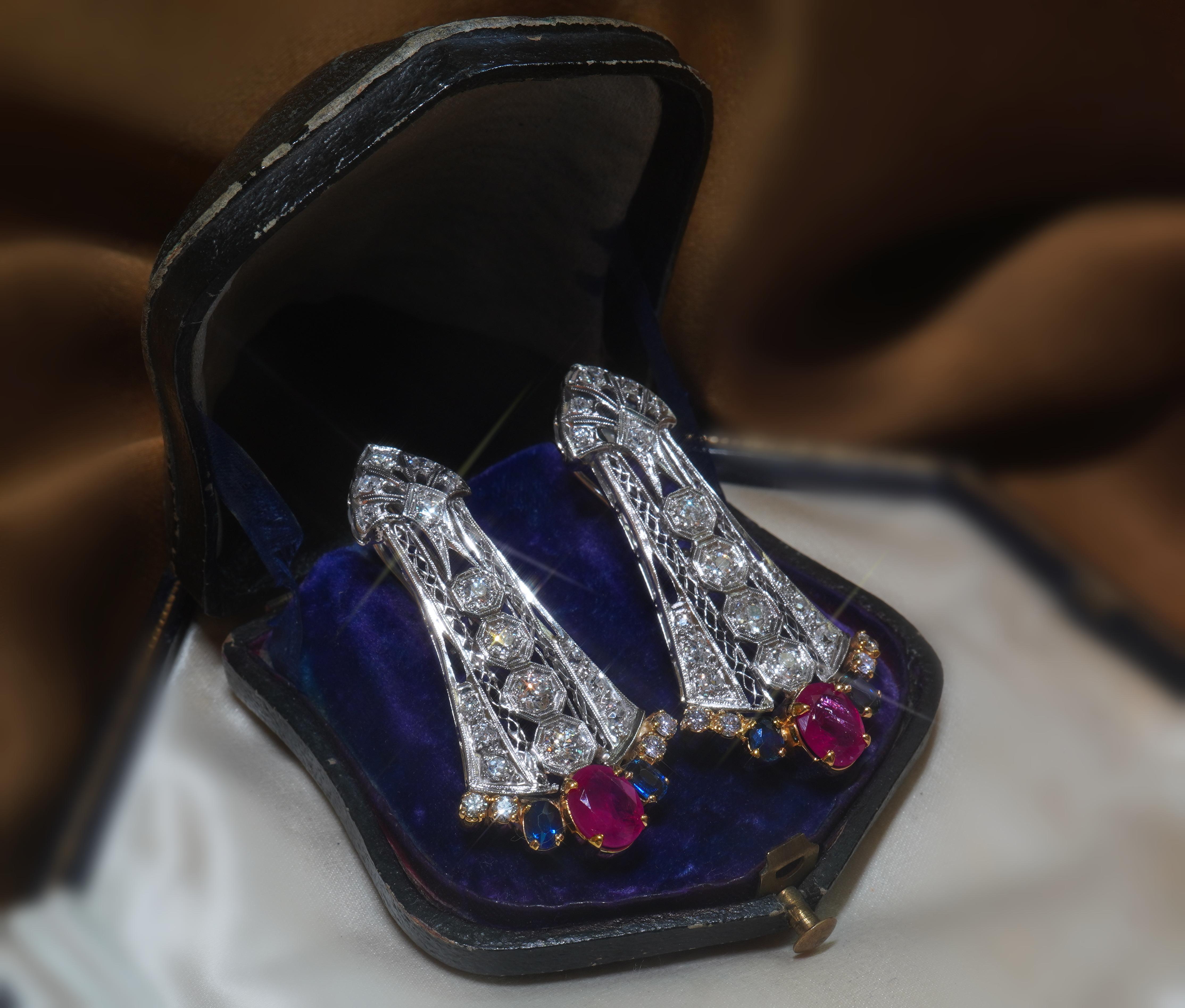 Oval Cut GIA Ruby NO HEAT Sapphire Diamond Antique Platinum Earrings 18K Mine 7.78 Carats For Sale