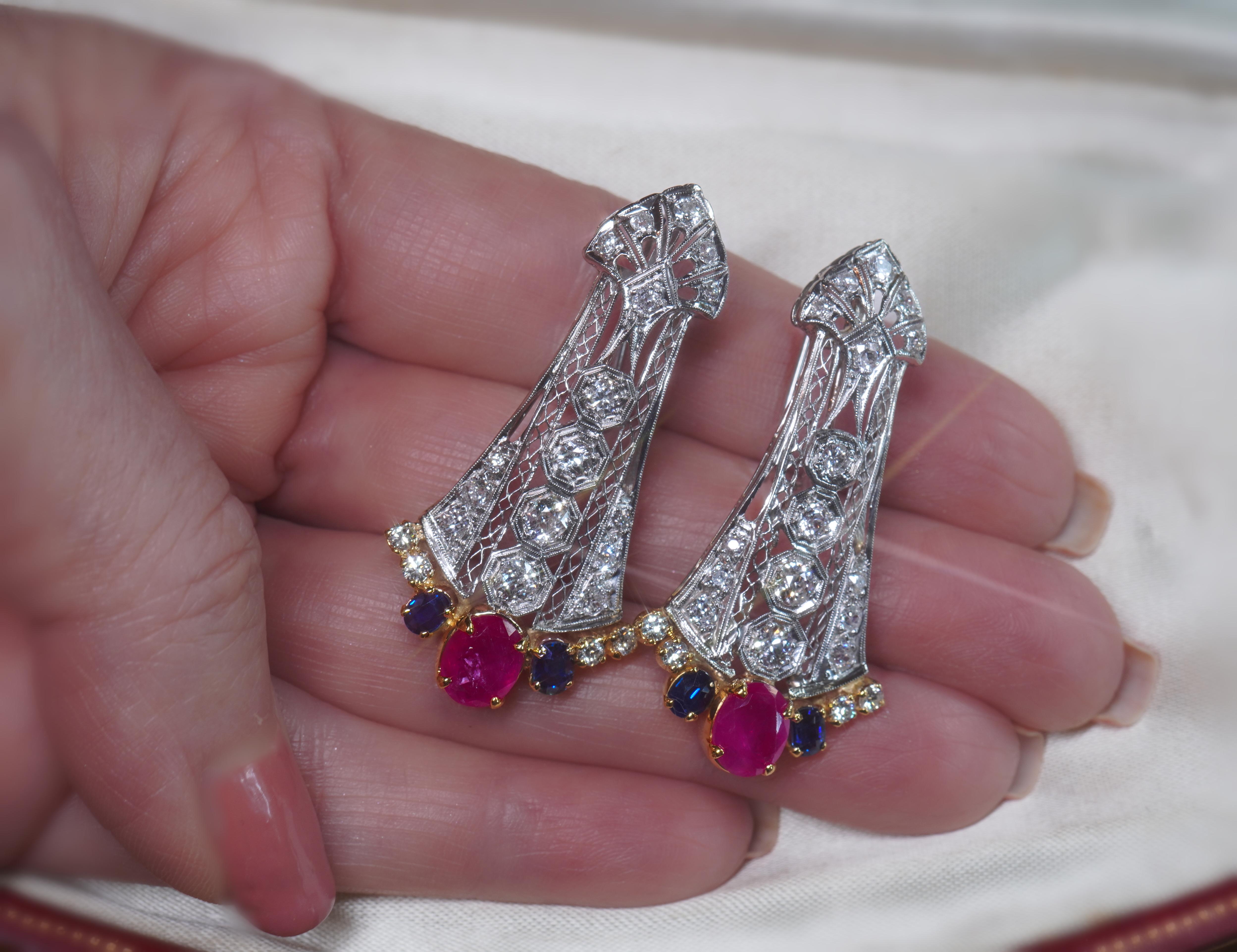 Women's GIA Ruby NO HEAT Sapphire Diamond Antique Platinum Earrings 18K Mine 7.78 Carats For Sale