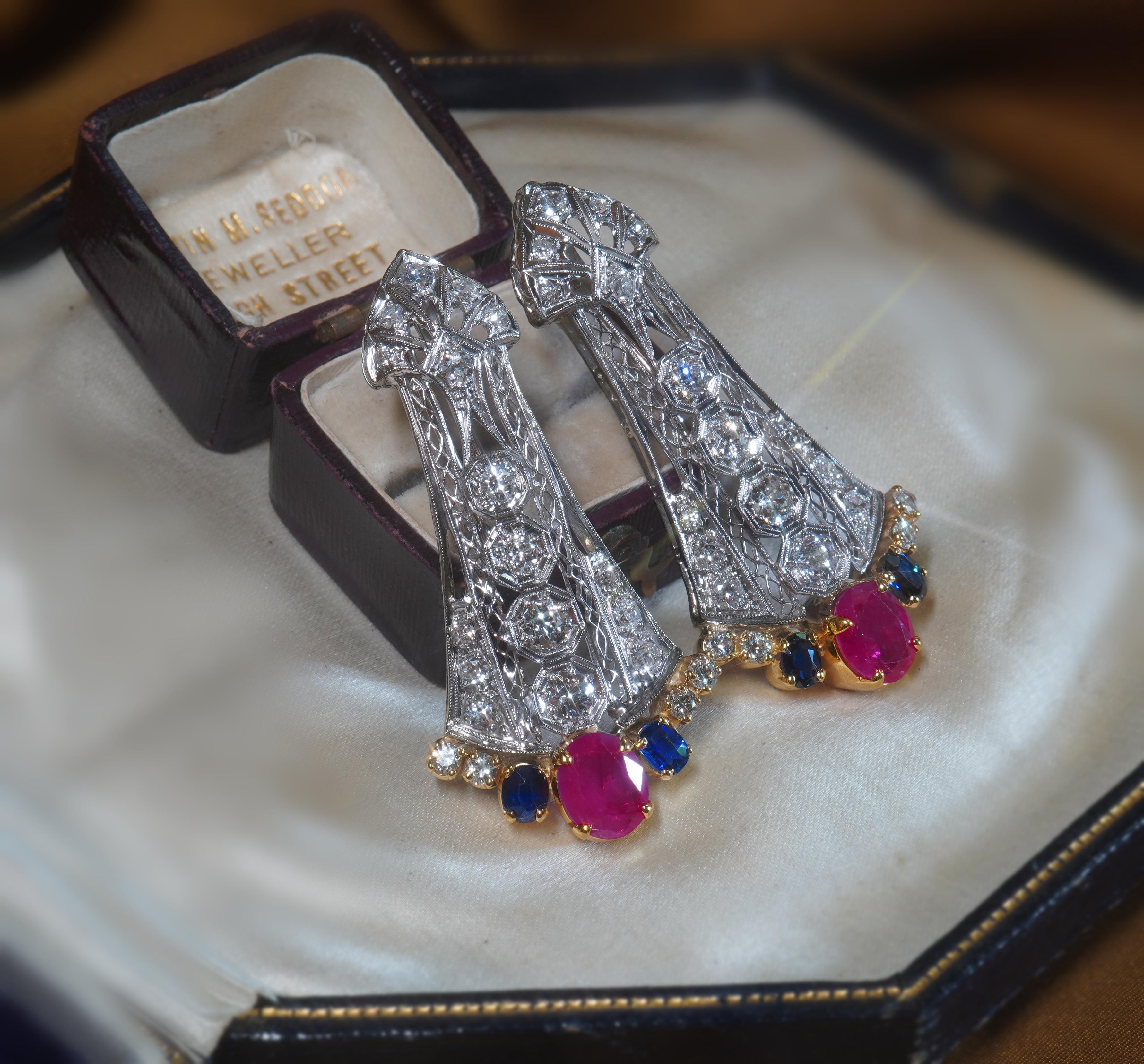 GIA Ruby NO HEAT Sapphire Diamond Antique Platinum Earrings 18K Mine 7.78 Carats For Sale 1