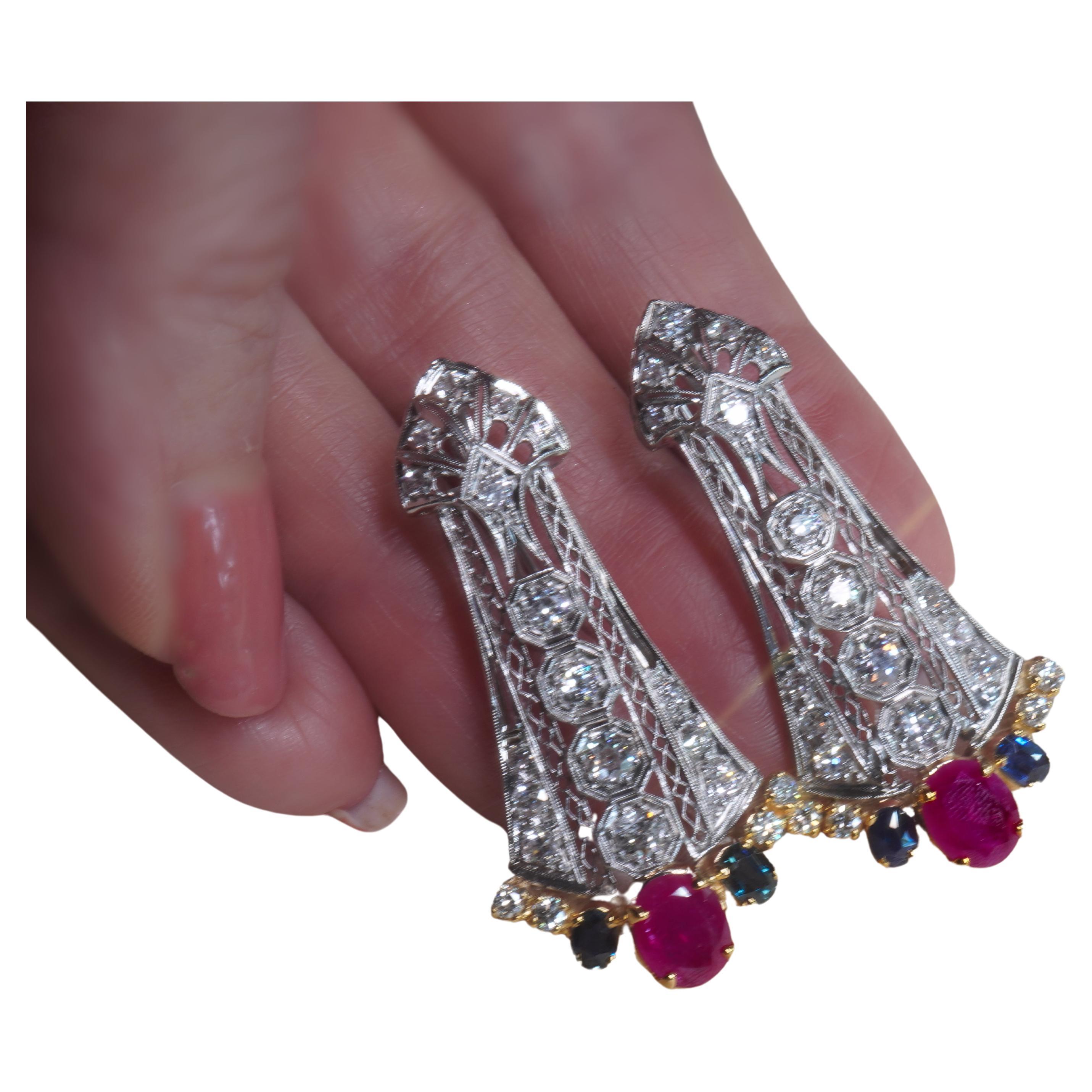 GIA Ruby NO HEAT Sapphire Diamond Antique Platinum Earrings 18K Mine 7.78 Carats For Sale