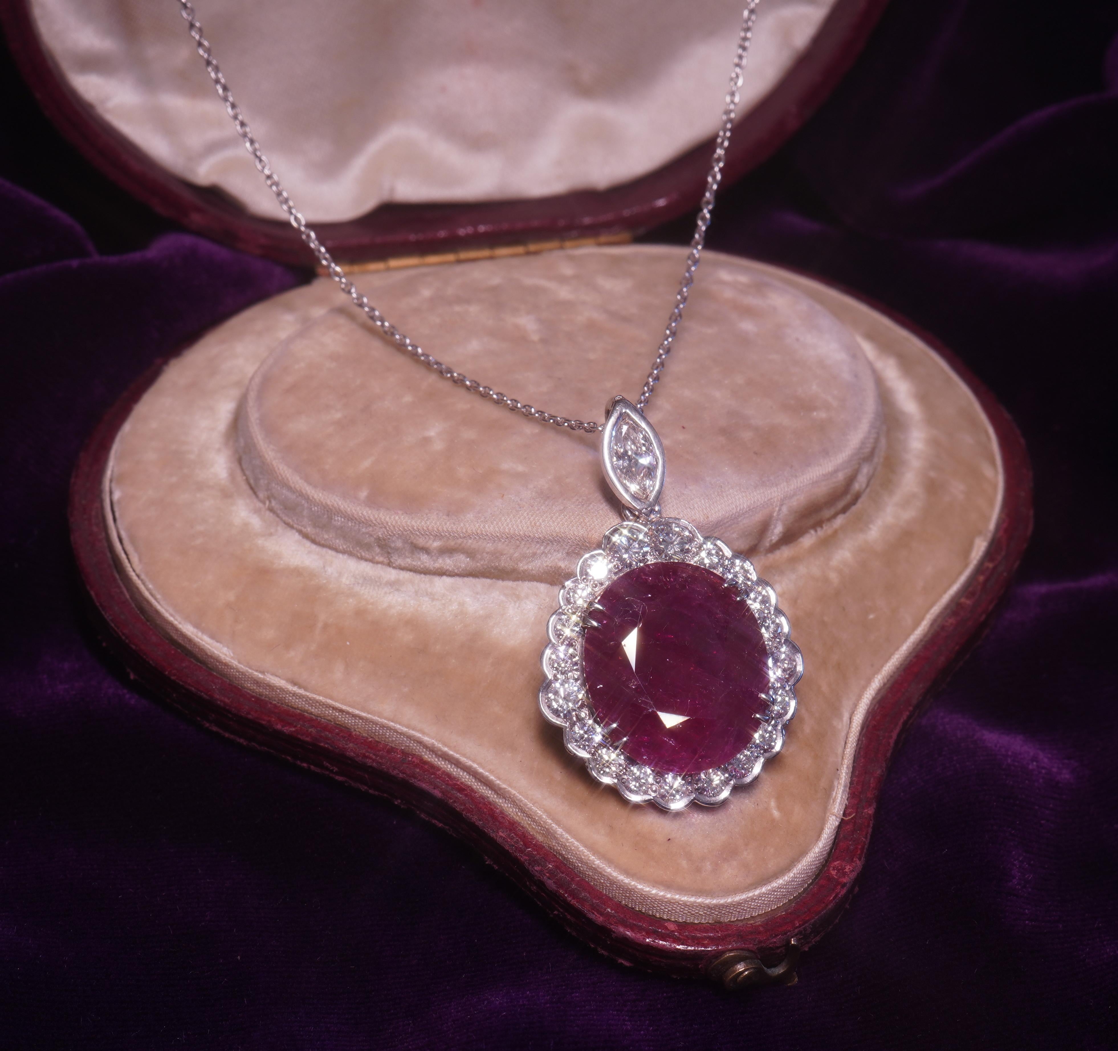 GIA Ruby Platinum Diamond No Heat Pendant Antique Natural Rare Huge 22.74 Carats For Sale 8
