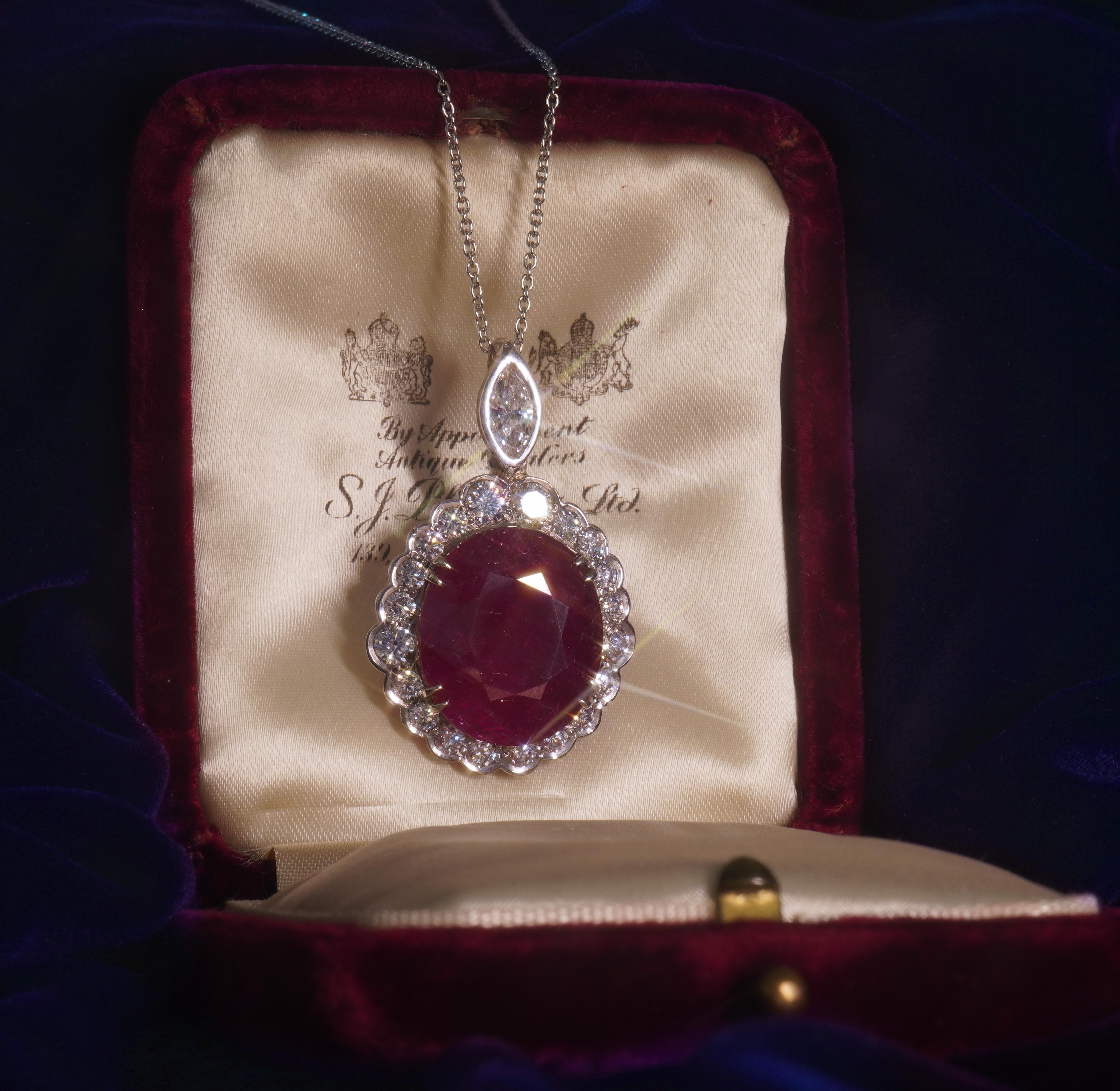 Oval Cut GIA Ruby Platinum Diamond No Heat Pendant Antique Natural Rare Huge 22.74 Carats