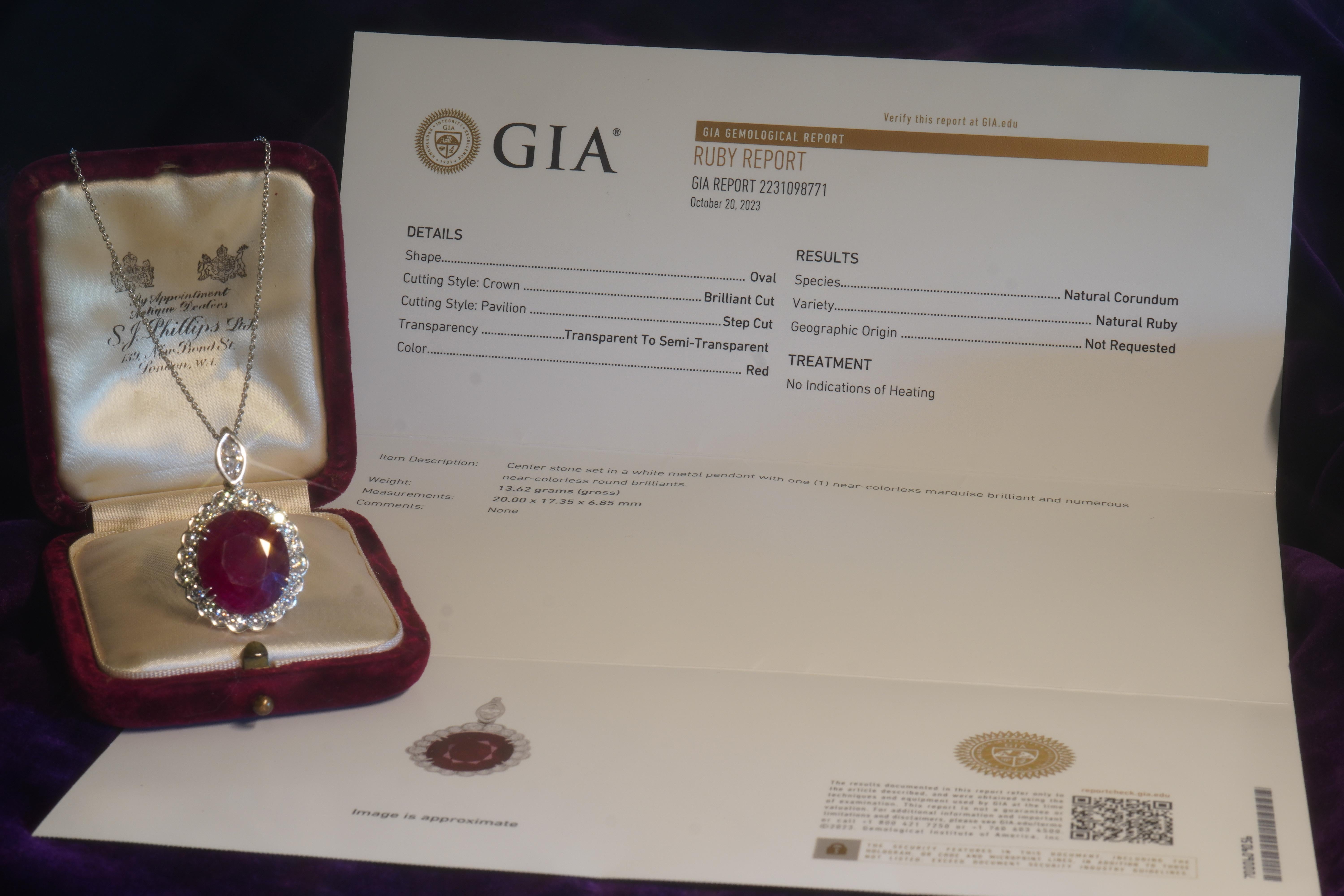 GIA Ruby Platinum Diamond No Heat Pendant Antique Natural Rare Huge 22.74 Carats In Good Condition In Sylvania, GA