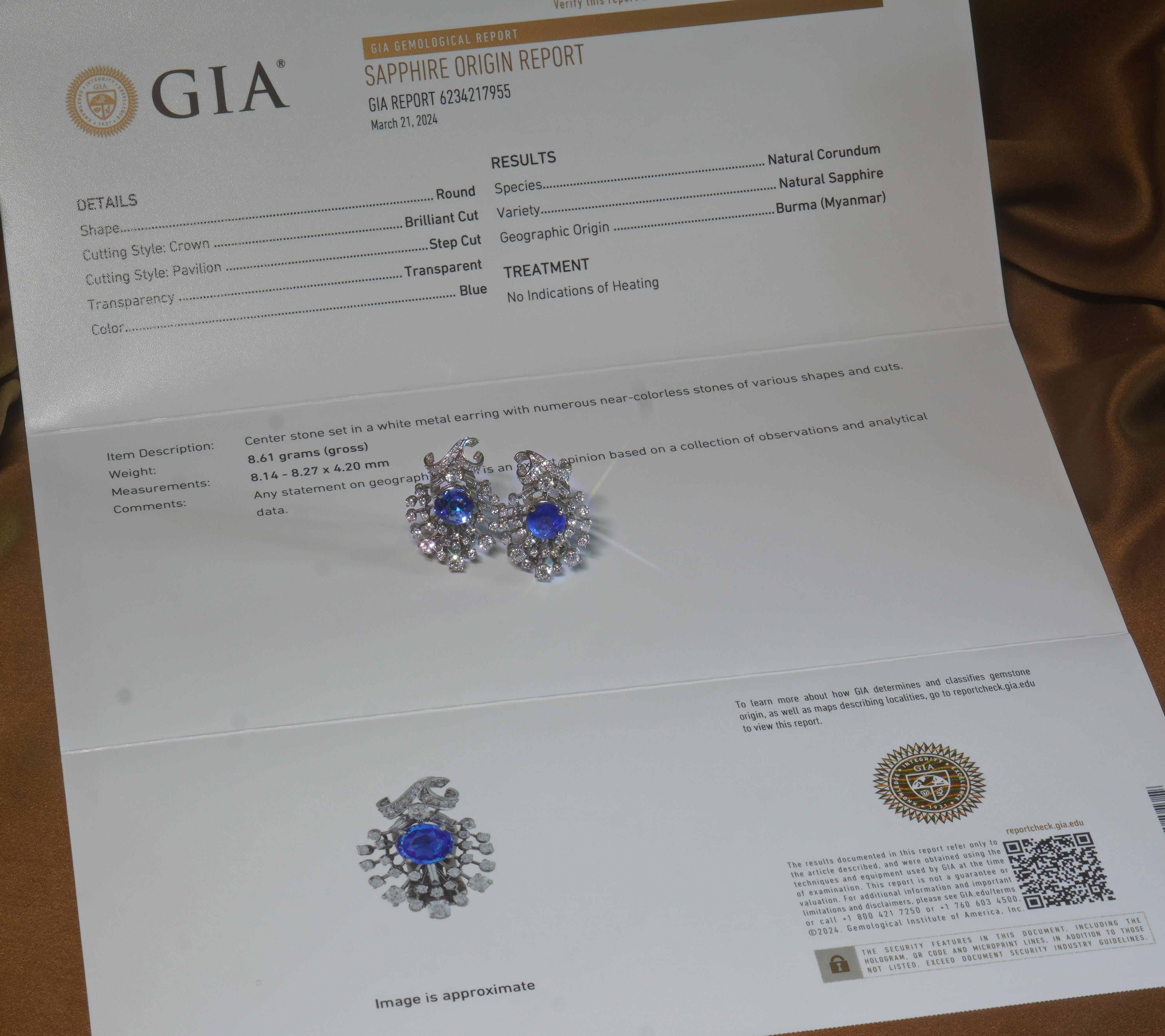 Old South Jewels proudly presents GIA CERTIFIED PLATINUM UNHEATED BURMA SAPPHIRE & DIAMOND 7.57 CARAT VINTAGE EARRINGS!   VERY RARE ROYAL BLUE NATURAL UNHEATED BURMESE BLUE SAPPHIRES & VS FINE SPARKLING DIAMONDS.  

GIA Certification Paperwork is