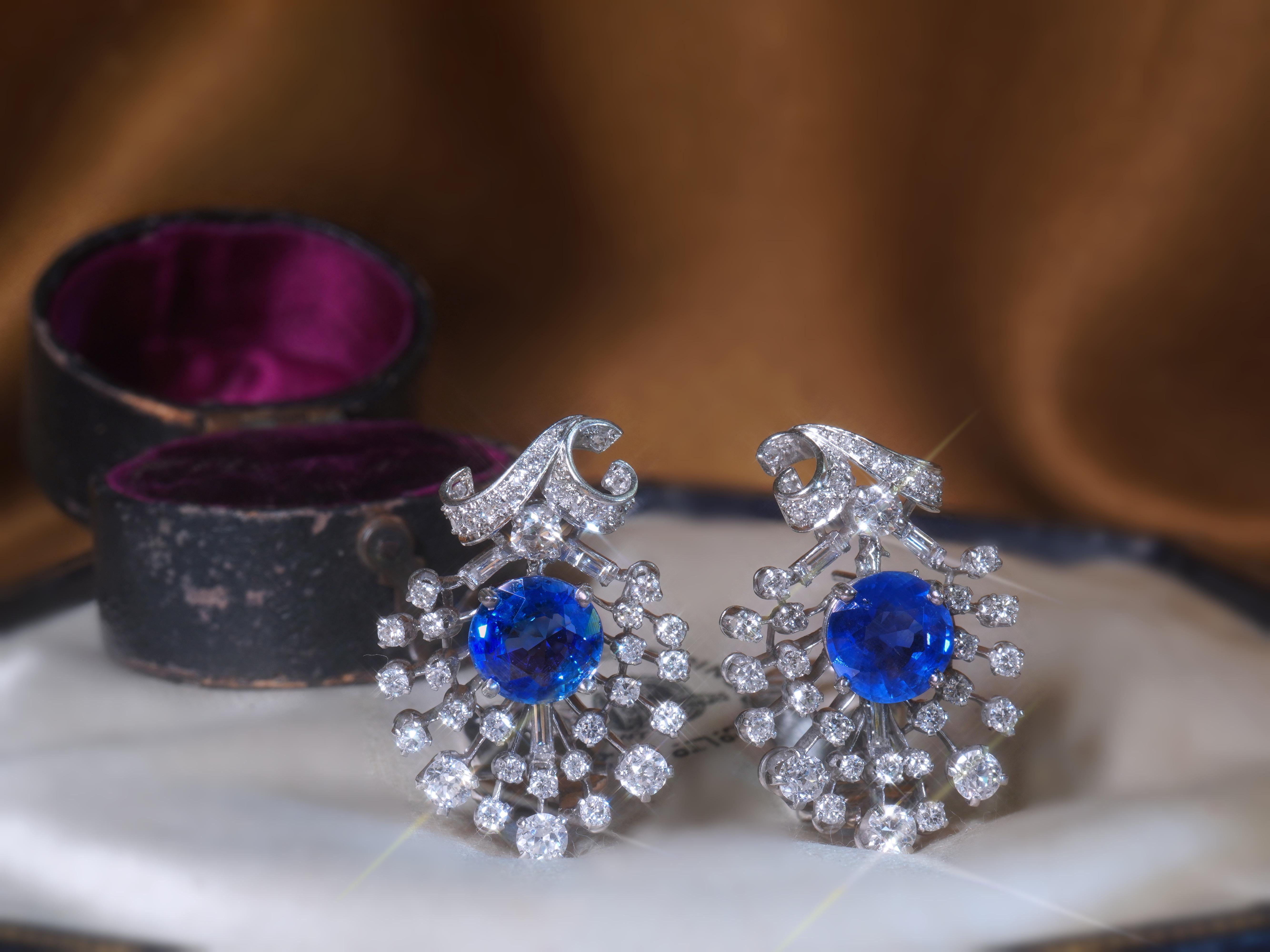 GIA Sapphire Burma NO HEAT Diamond Platinum Vintage Earrings VS Fine 7.57 Carats In Good Condition In Sylvania, GA