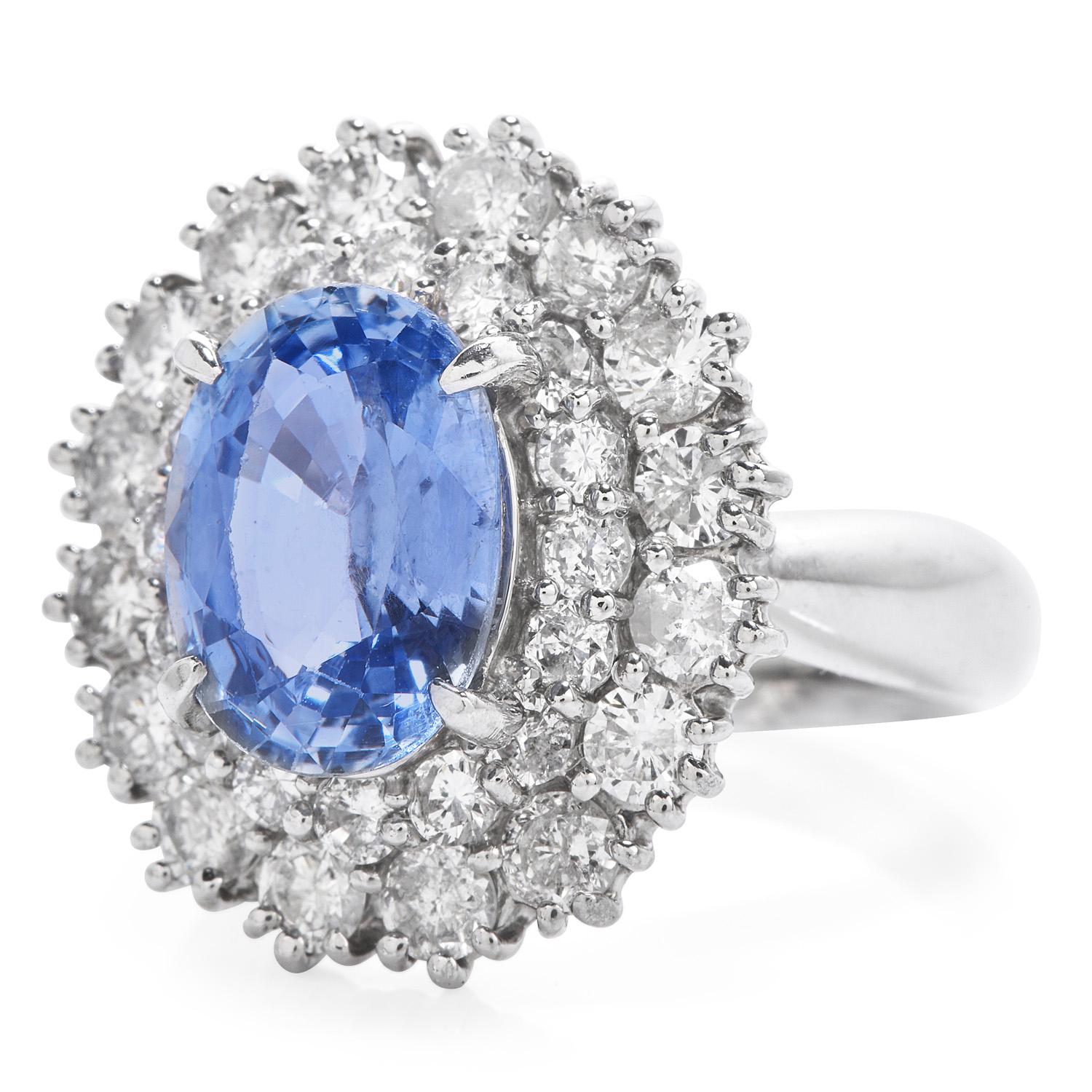 If you adore the enchanting color of blue sapphires and admired the late Princess Diana’s engagement ring, you will love this GIA Diamond & Natural corundum platinum double Halo Ring! 

The amazingly transparent genuine blue sapphire weighing approx
