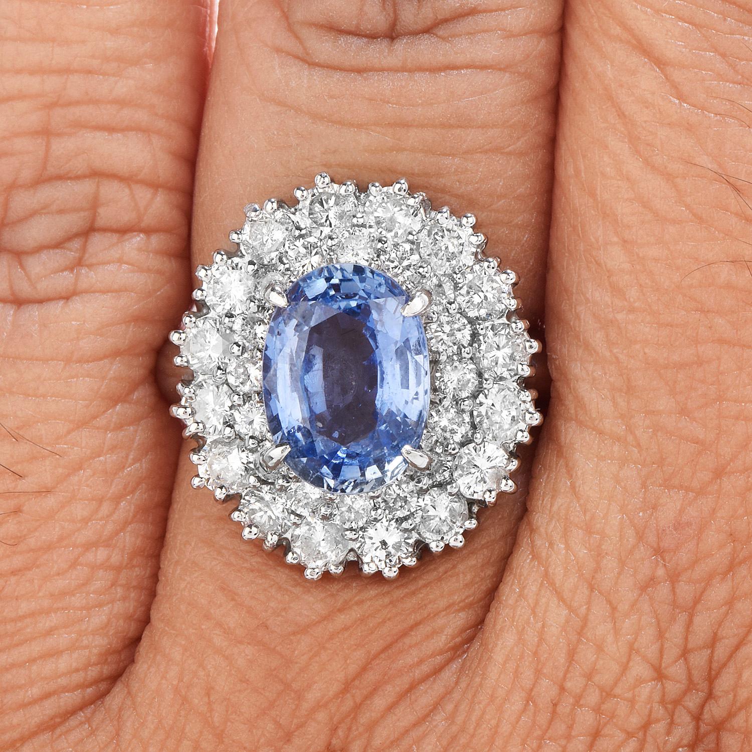 GIA Sapphire Diamond Platinum Cocktail Double Halo Ring In Excellent Condition In Miami, FL