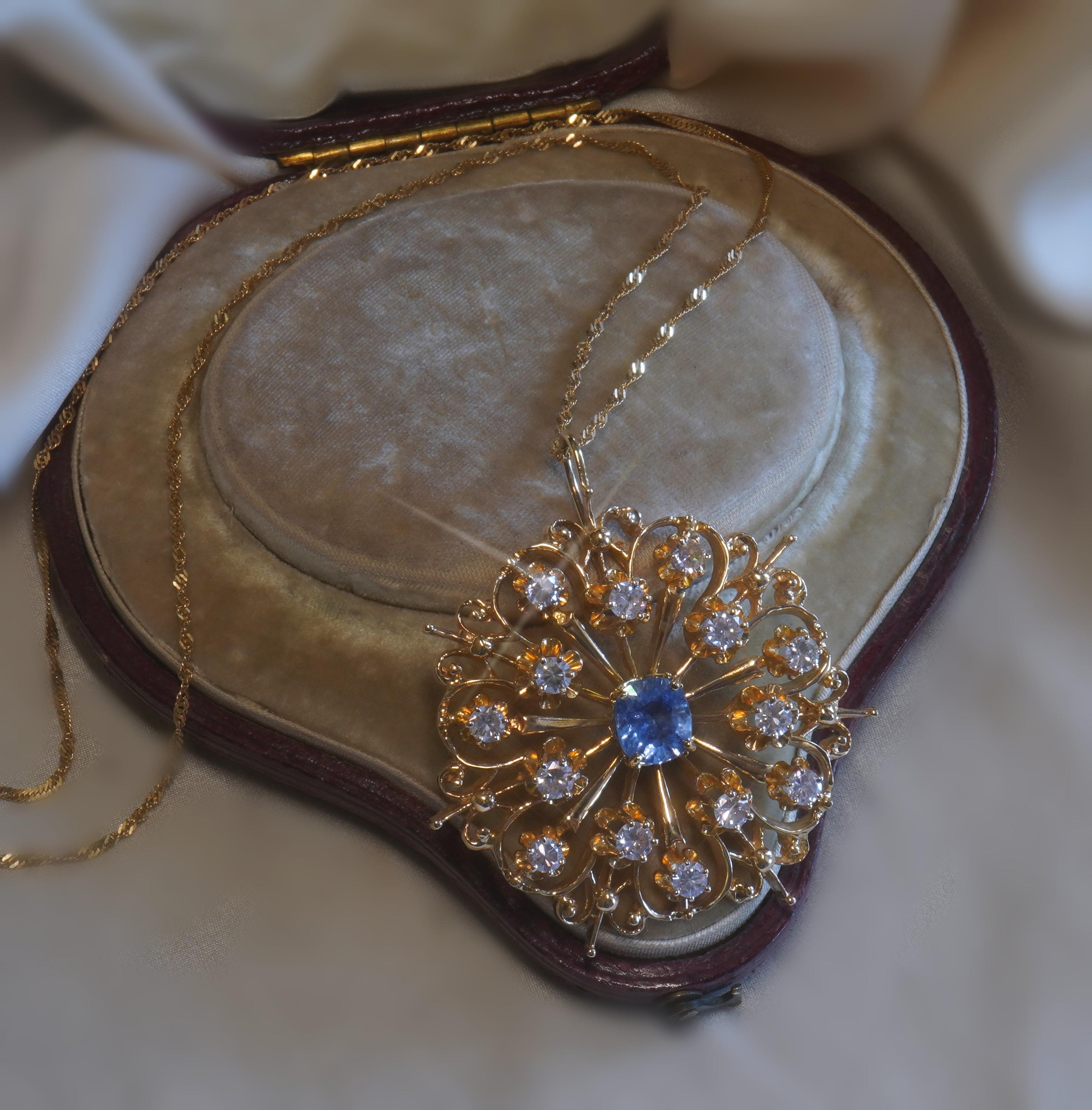 GIA Sapphire NO Heat Diamond 14K Pendant Vintage Necklace 18K Chain 5.46 Carats For Sale 4